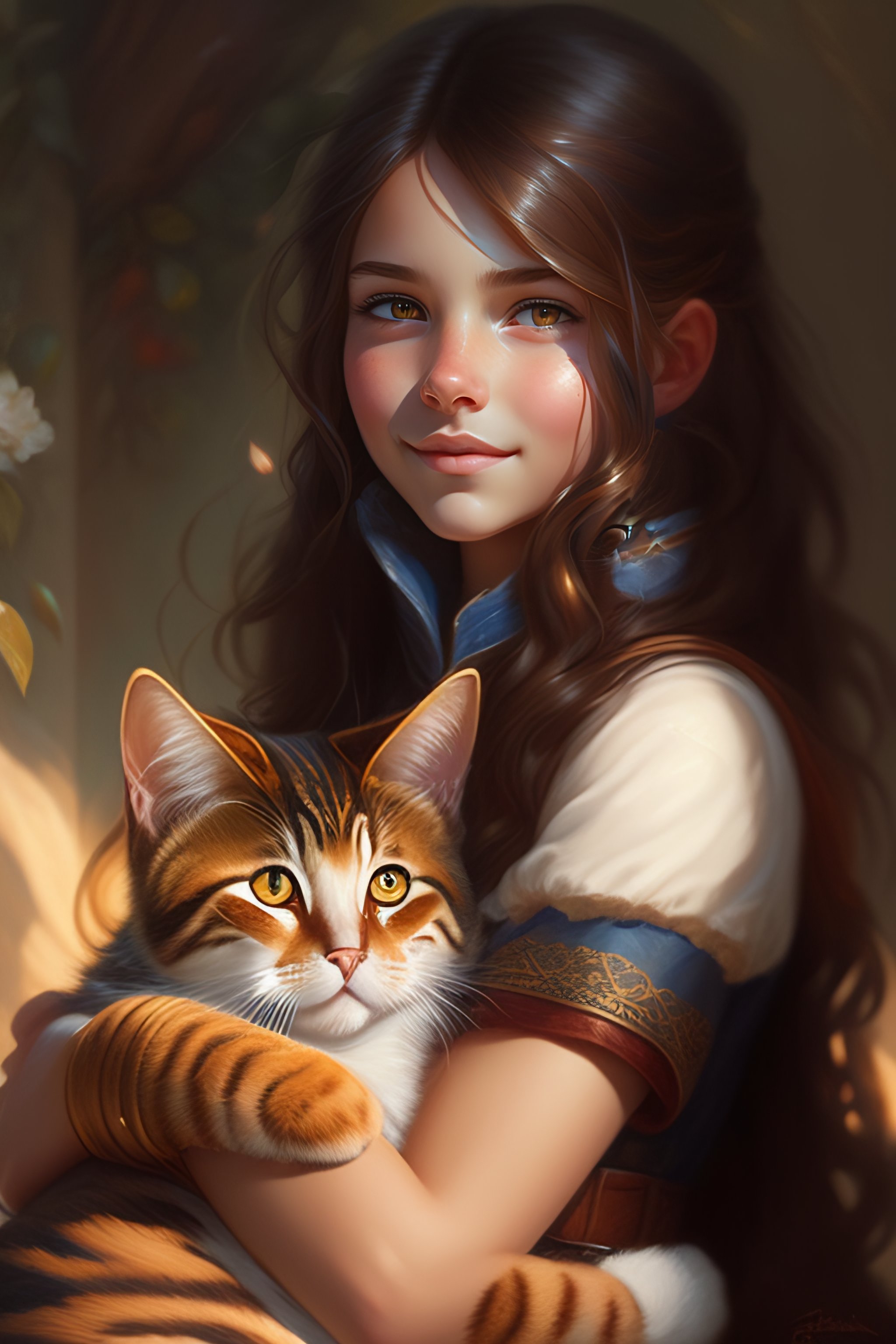 Lexica - A detailed portrait of a cute calm brunette girl hugging a ...