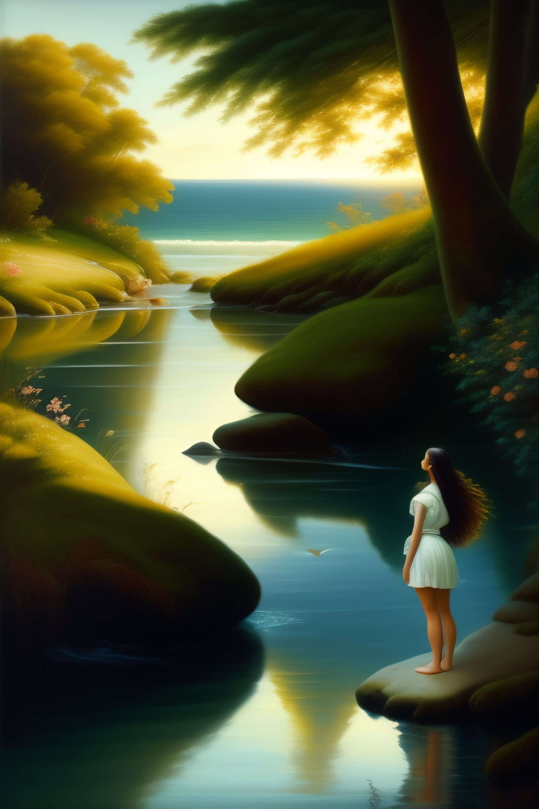 Lexica - A young woman in front, with her feet in the water of a stream ...