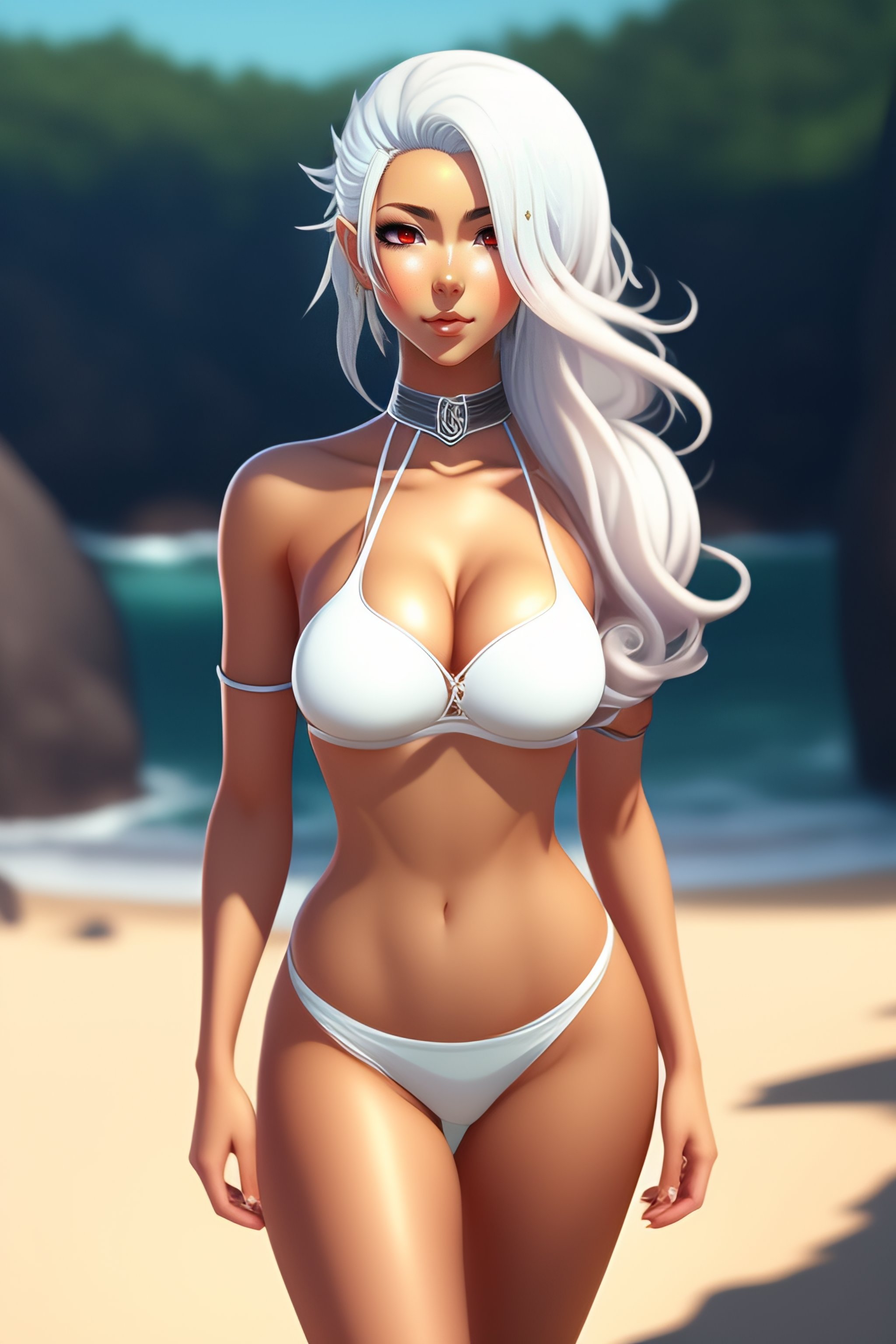 Lexica - Full body of an anime woman wearing bikini with white hair