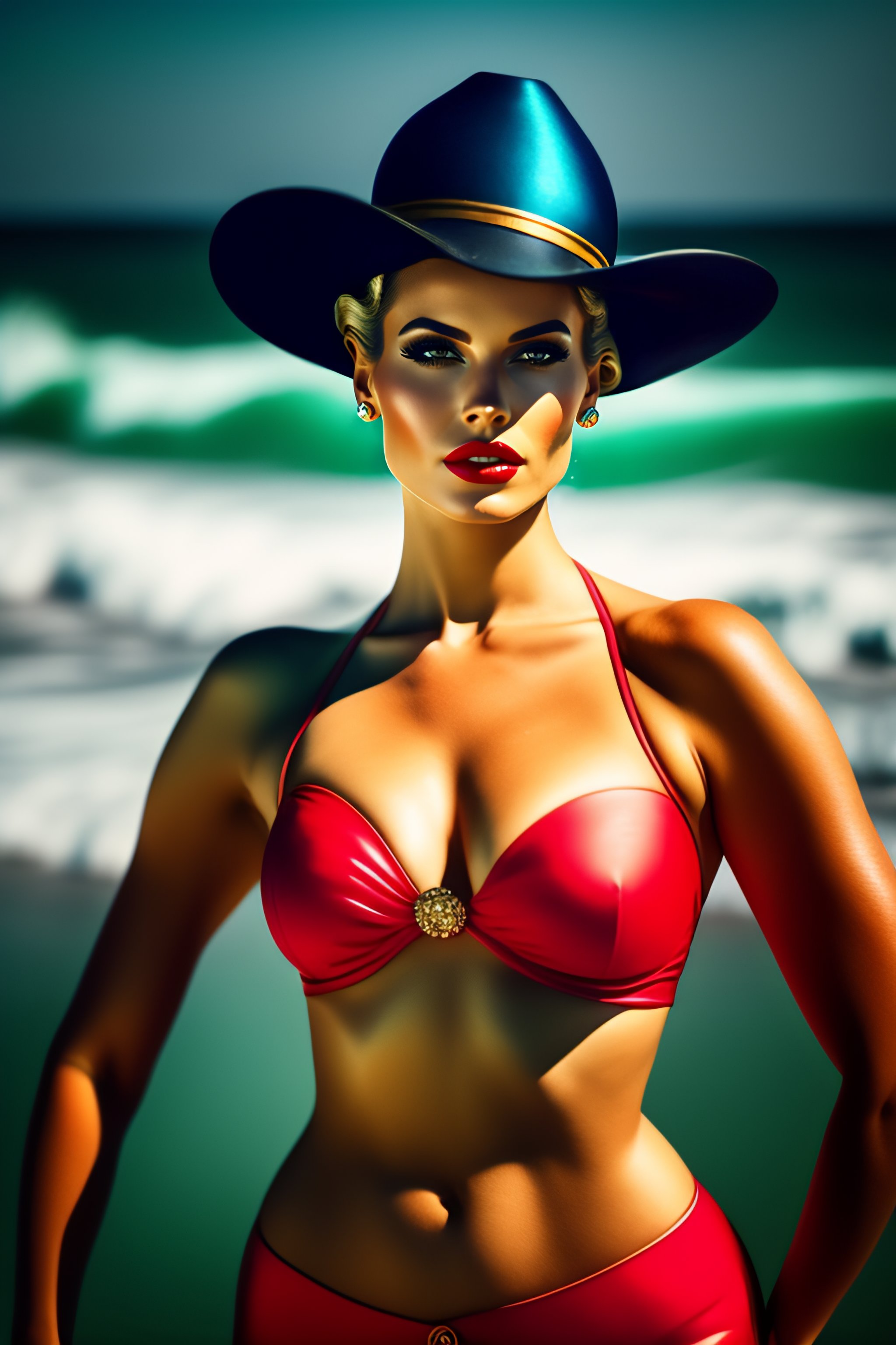 Lexica A 1950s pinup girl style, (((beautiful super model face symmetrical))), ), cinematic
