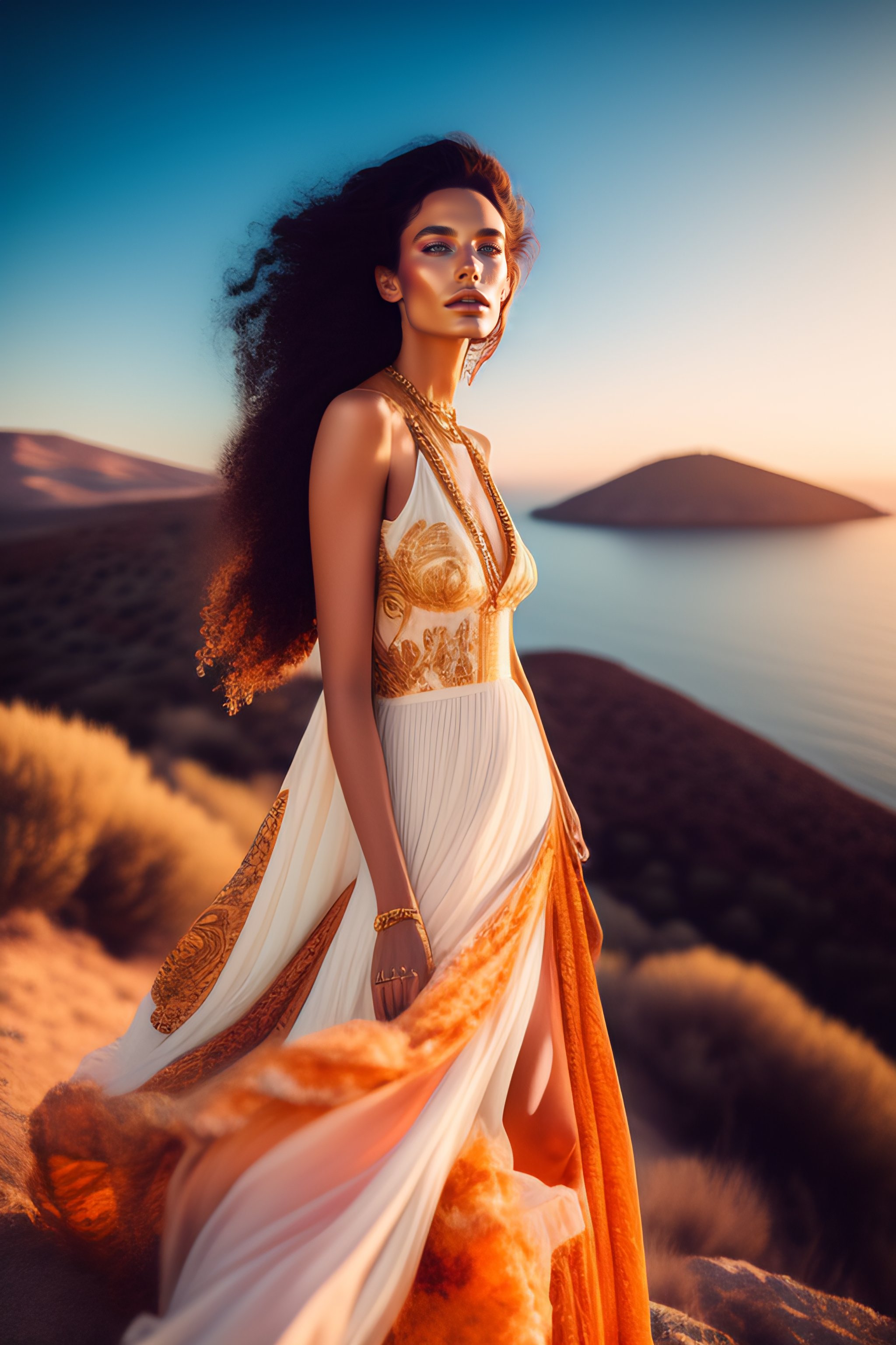 Lexica - Model in a stunning long flowy maximalist greece dress, vogue, 8k,  ektar, Romnia, fashion. Cinematic golden hour, Rebecca Guay, Frank Frazz...