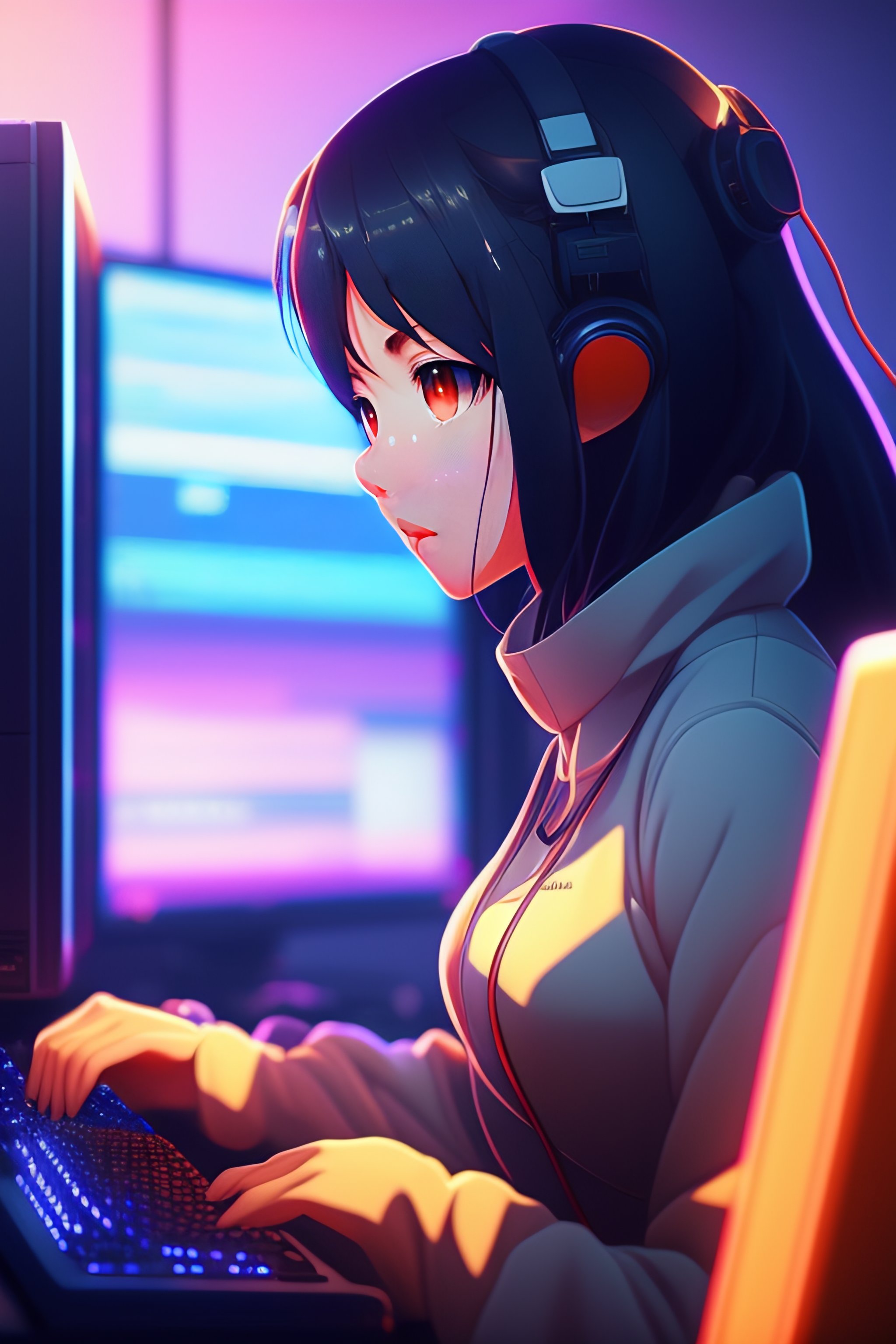 Lexica - create a high resolution artwork of anime girl is programming at a  computer in a room full of gadgets