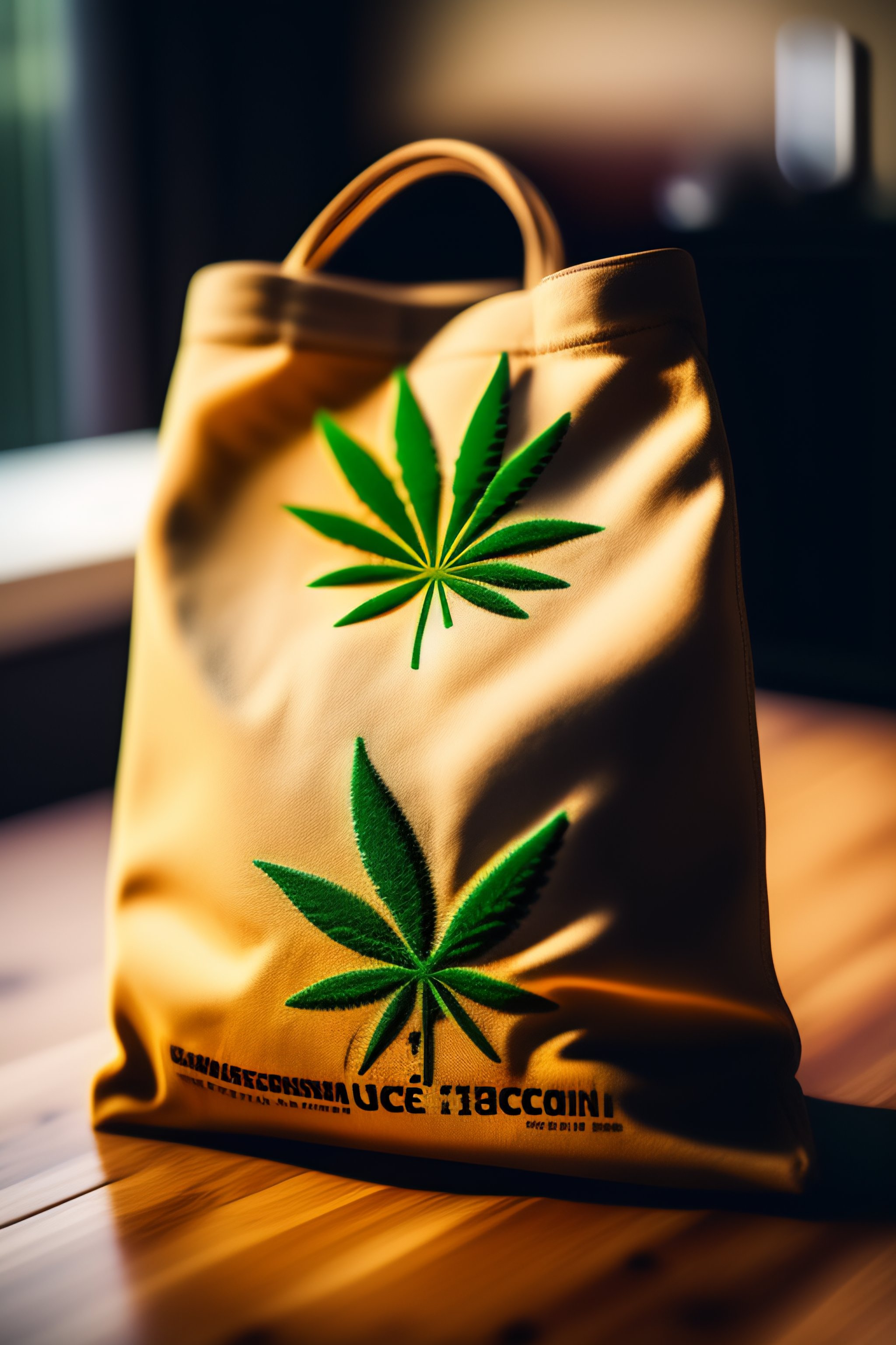 Lexica - Bitcoin logo on a bag full of cannabis flower sitting on a luxury  kitchen table with money next to it