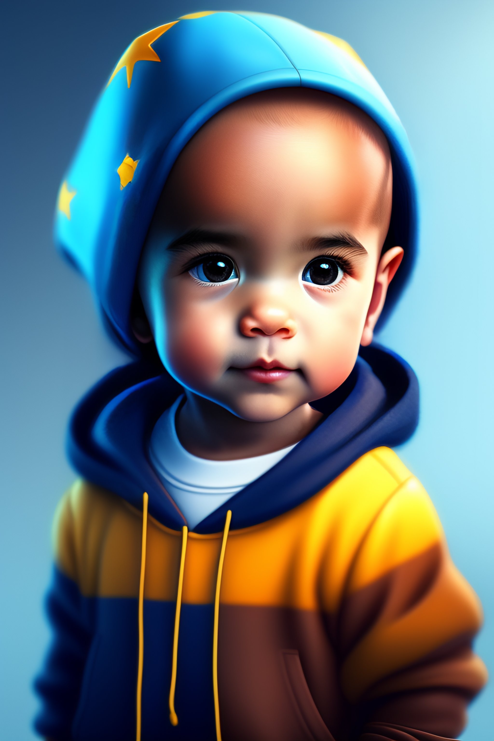 Lexica - Cute adorable cartoon tan bald male baby with brown eyes