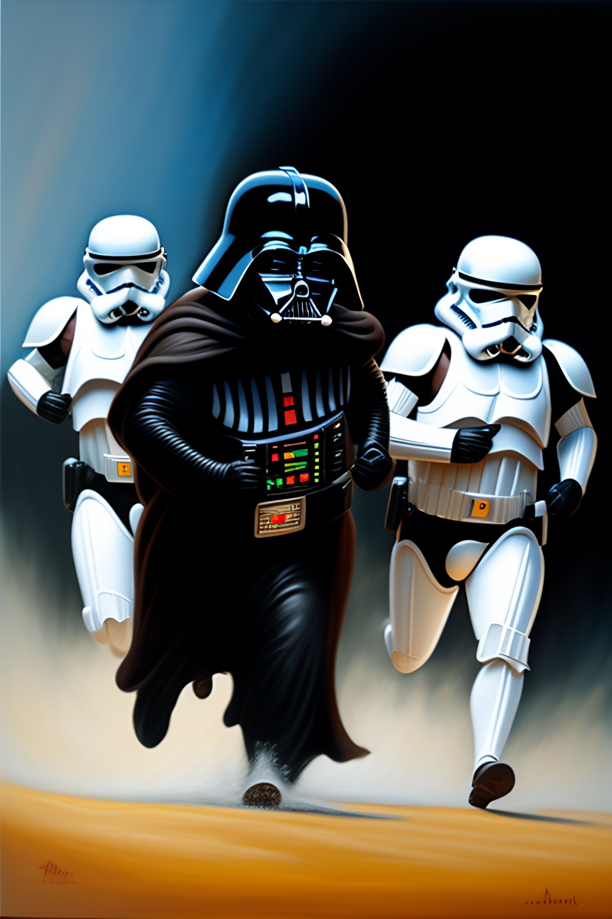 Lexica - Overweight Darth Vader running with Stormtroopers, oil ...