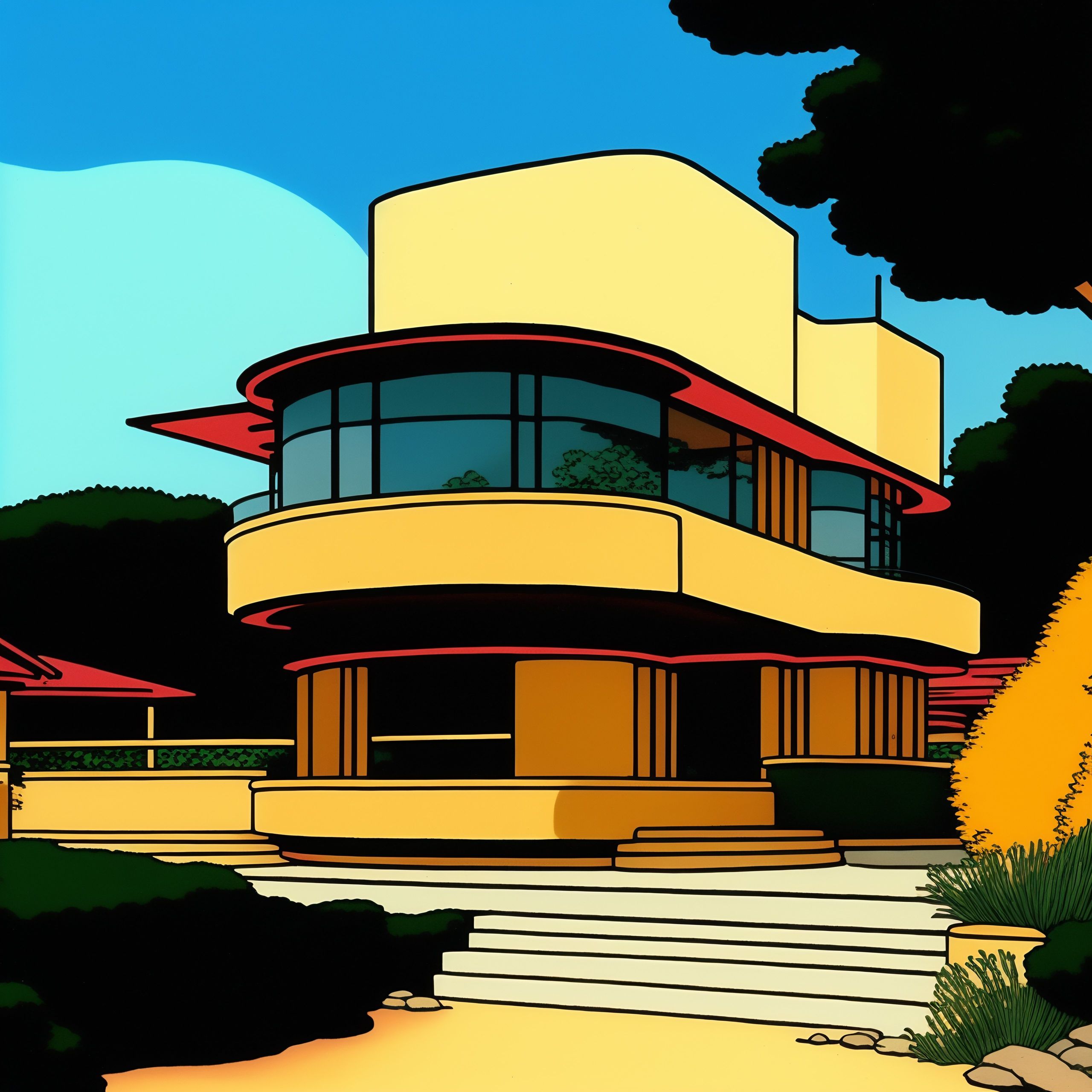 Lexica Frank lloyd wright, beachfront house, illustrated by hergé
