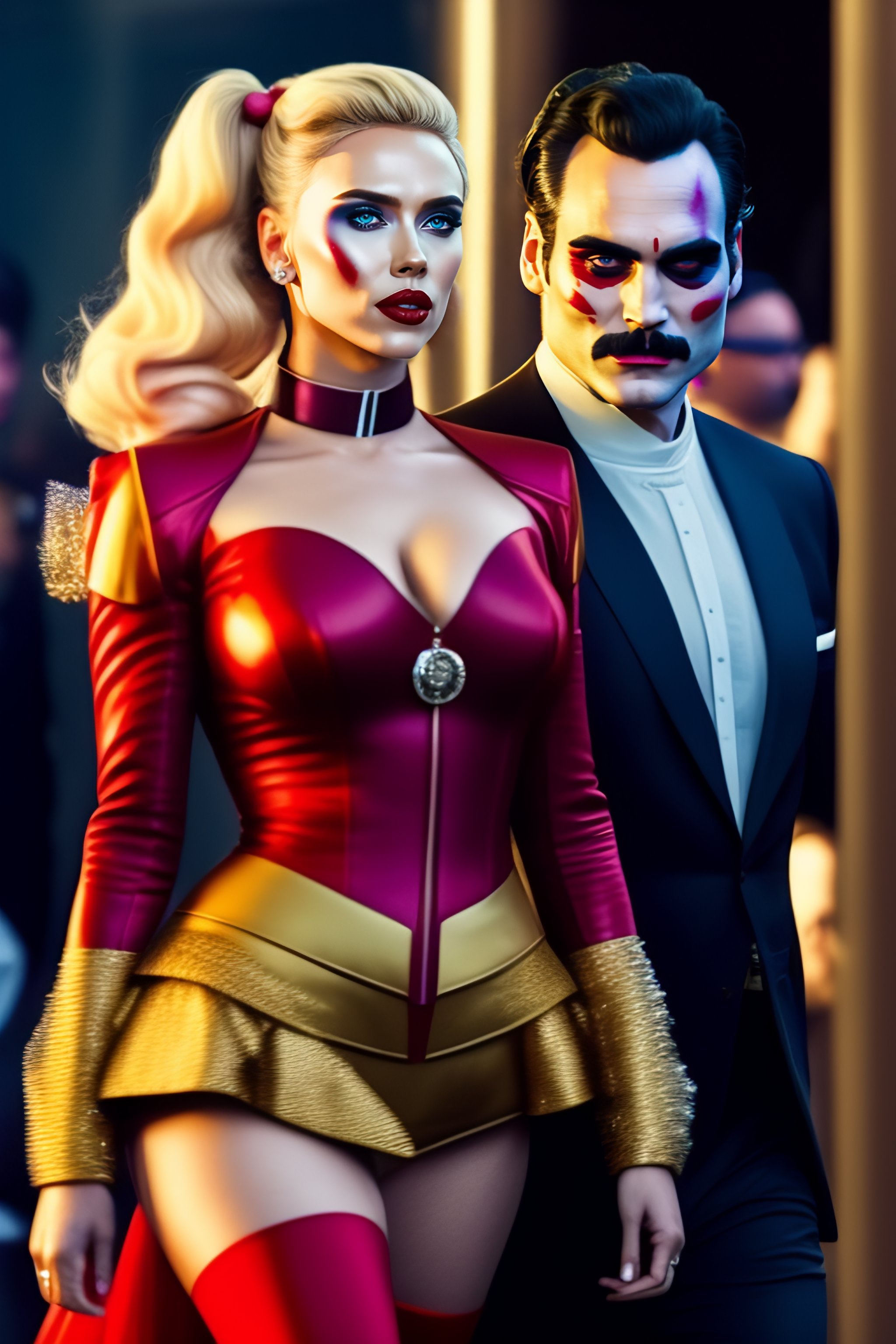 Lexica Scarlett Johansson As Harley Quinn Walking Beside Joaquin Phoenix Joker With Face Make Up