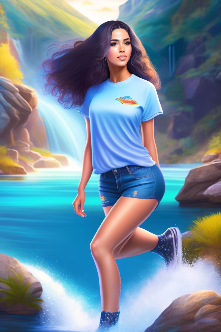 Lexica - In 90s style a brunette latina girl in a waterfall, wears a wet  shirt and short blue pants. bright environment. Detailed art. Fine  illustrat...