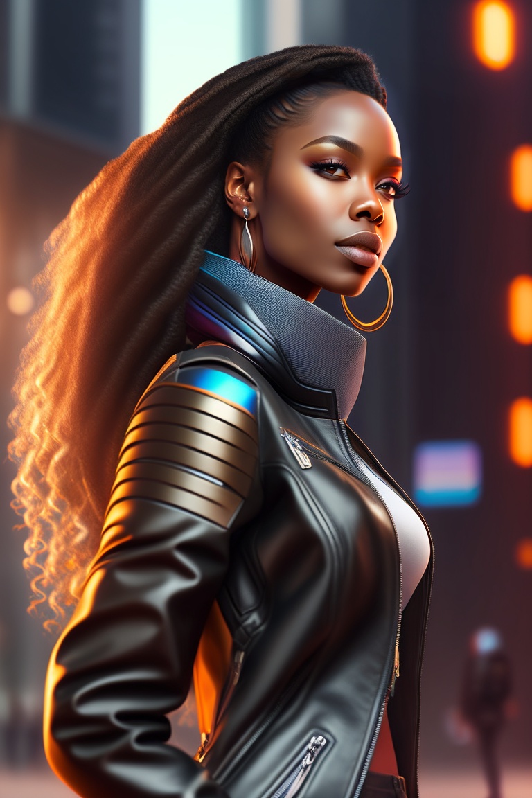Lexica - Brown skinned lady in her 30s in a leather jacket, with long ...