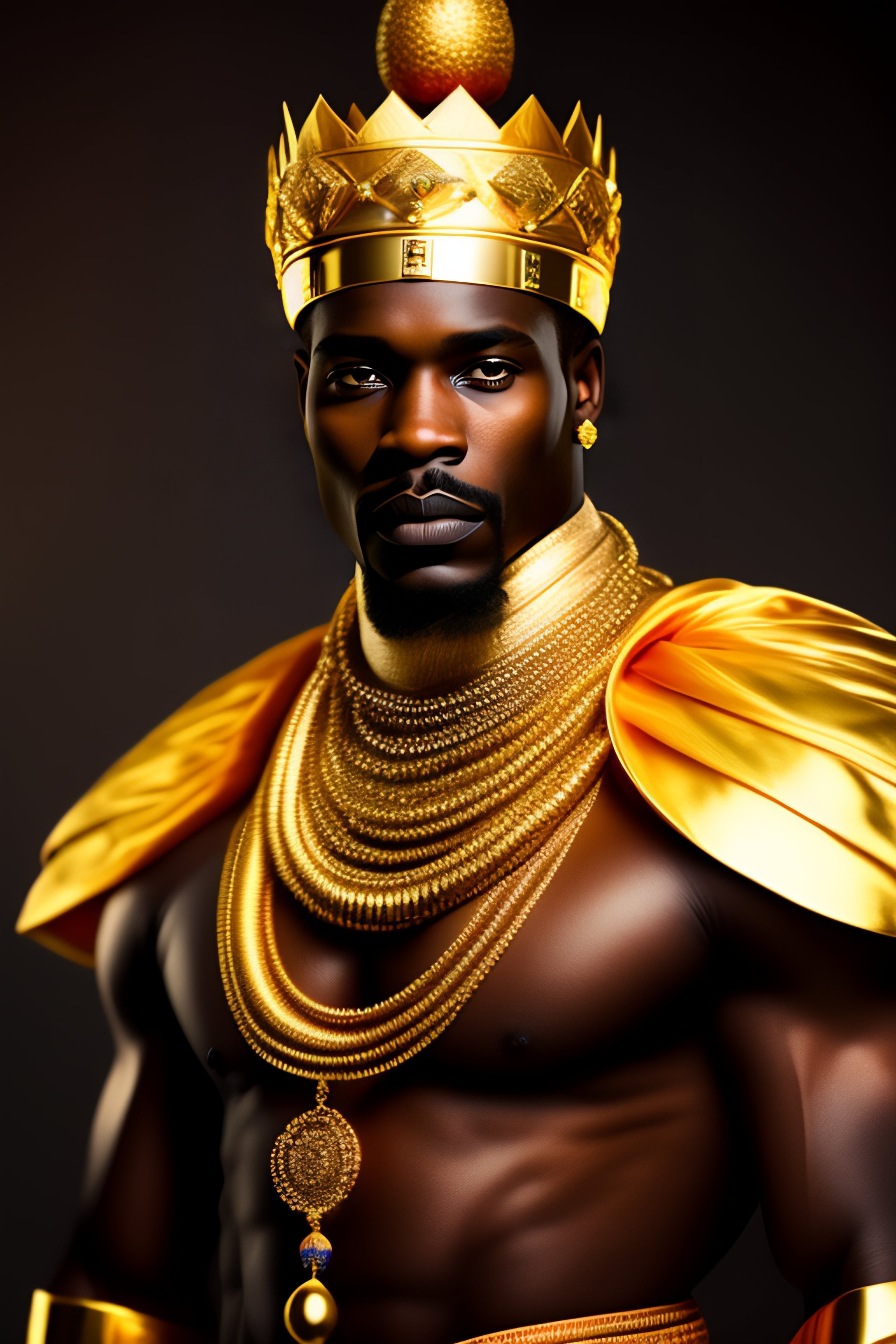 Lexica African King, wearing gold ornaments, looking into camera