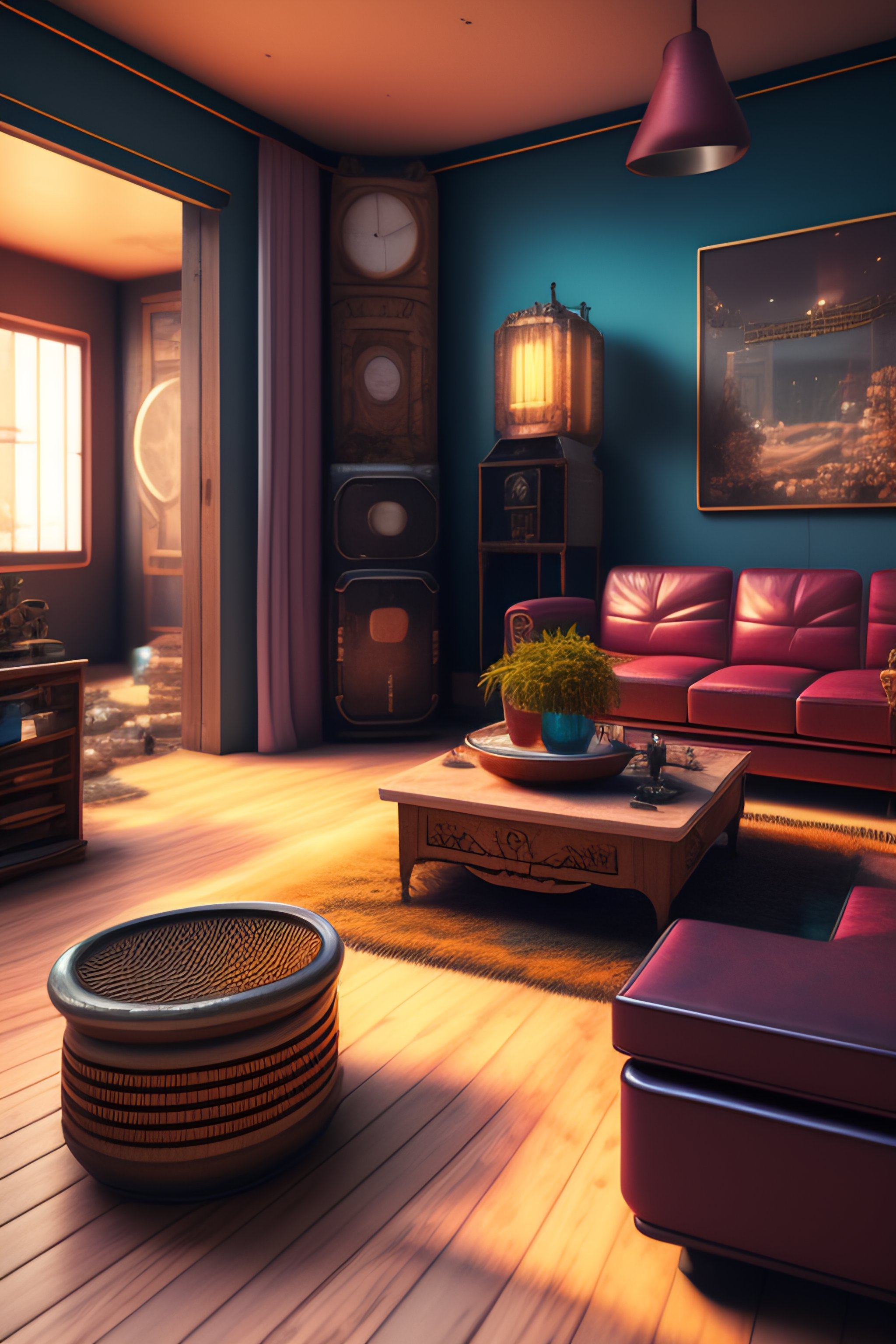 Lexica - Highly detailed interior shot of a messy vintage living room ...