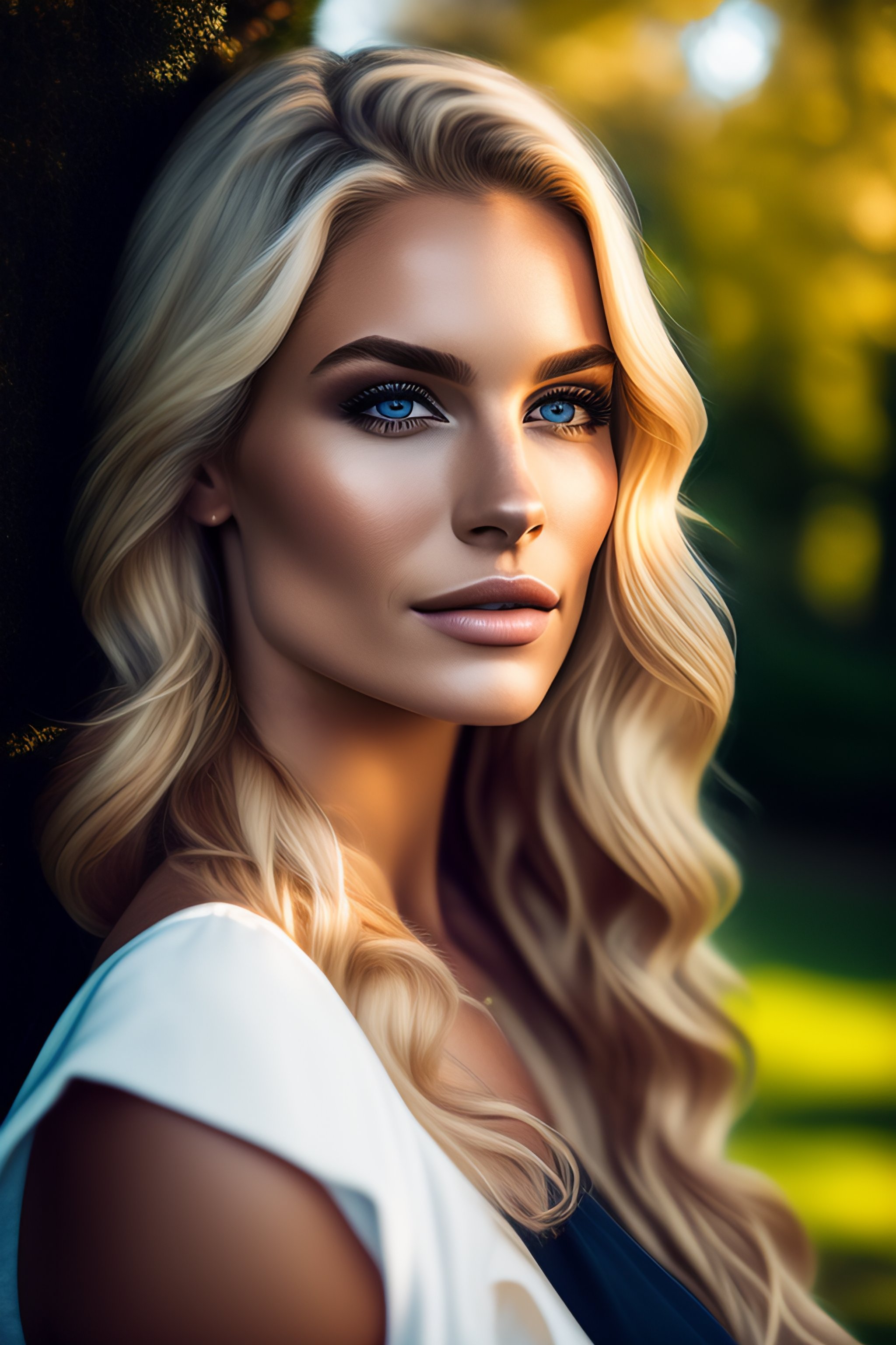 Lexica - Portrait of a blond extremely beautiful woman in the park
