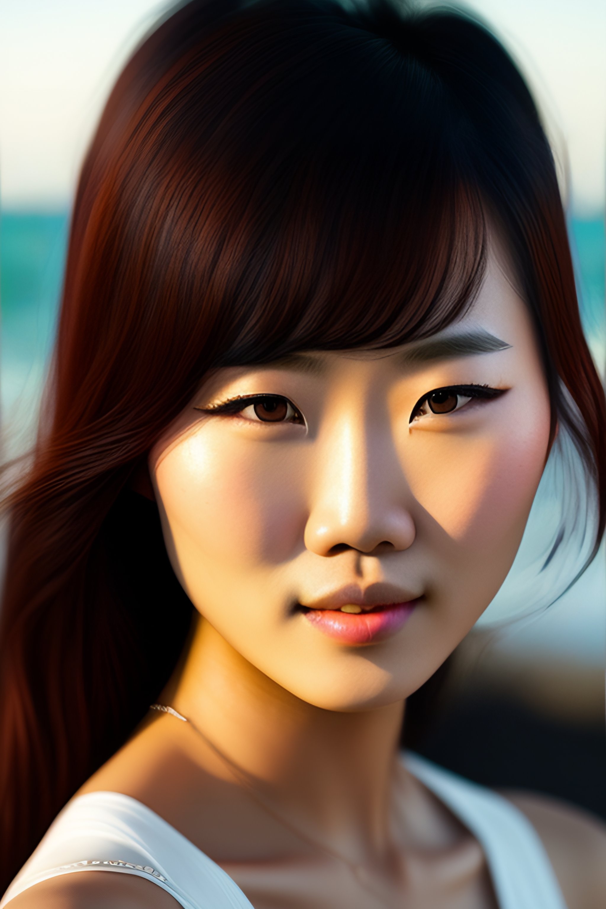 Lexica - A beautiful cute asian girl,at the seaside, fine-face, pretty ...