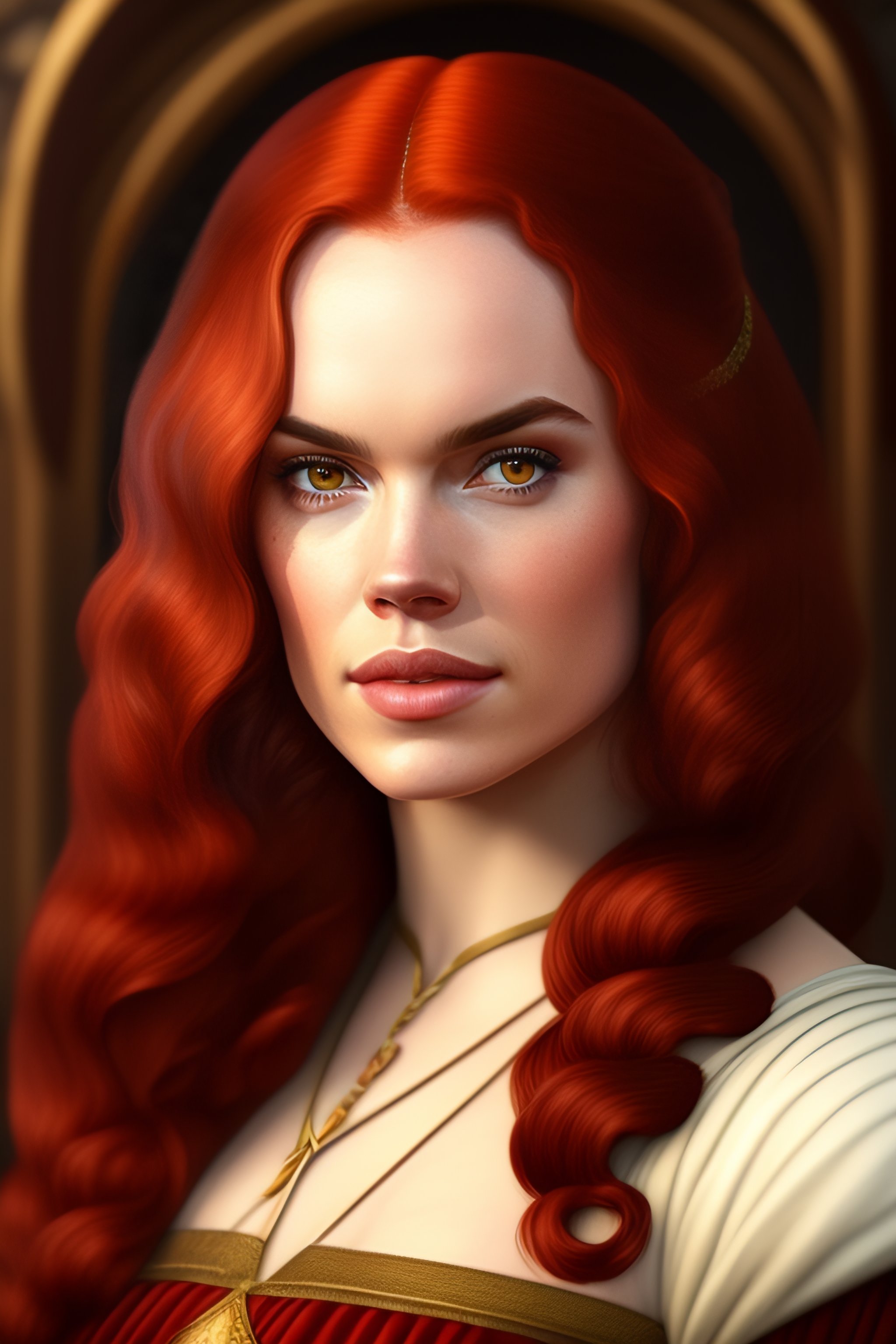 Lexica - Daisy Ridley with long red hair in medieval style, detailed