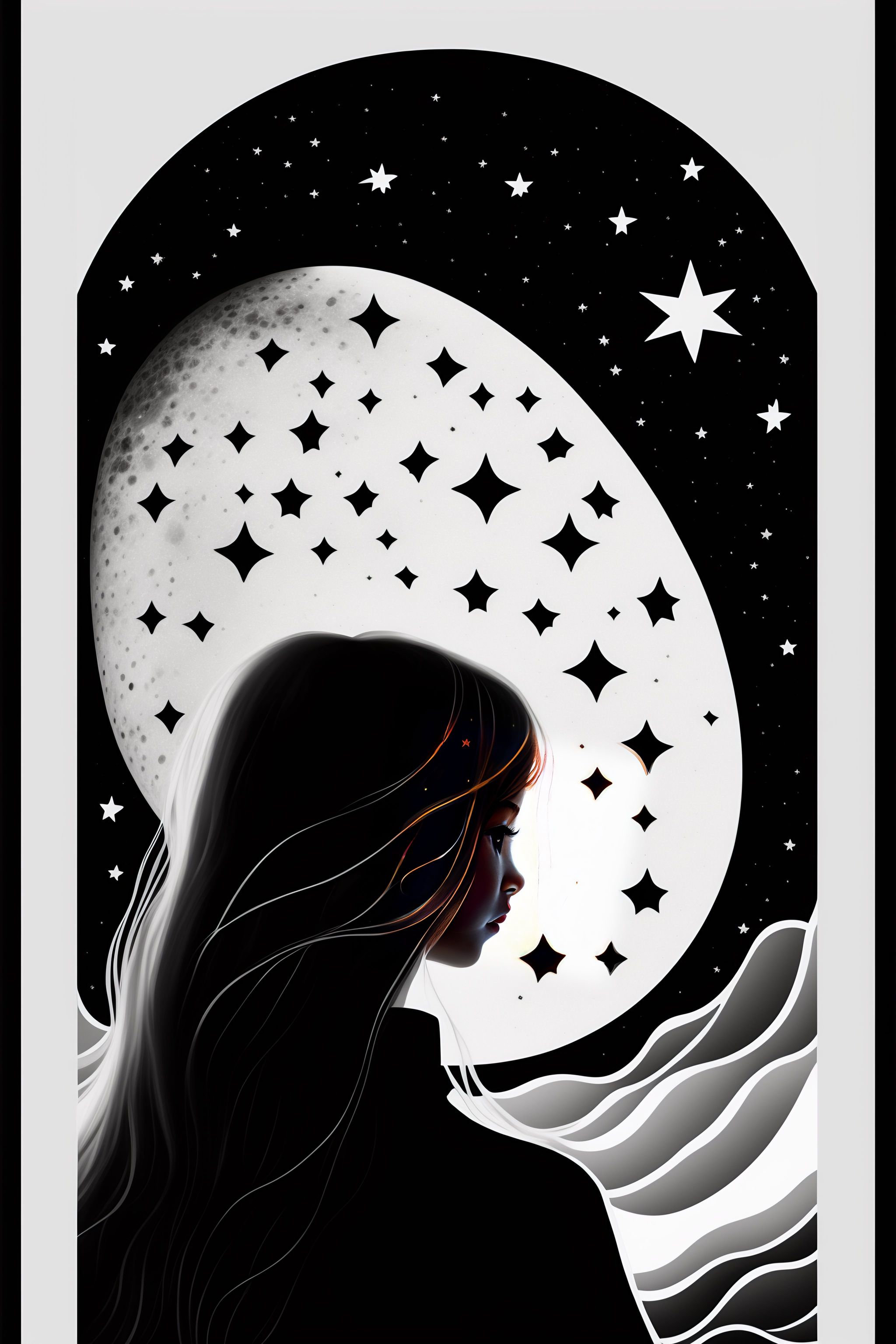 Lexica - Girl looks at the stars, black and white, logo,