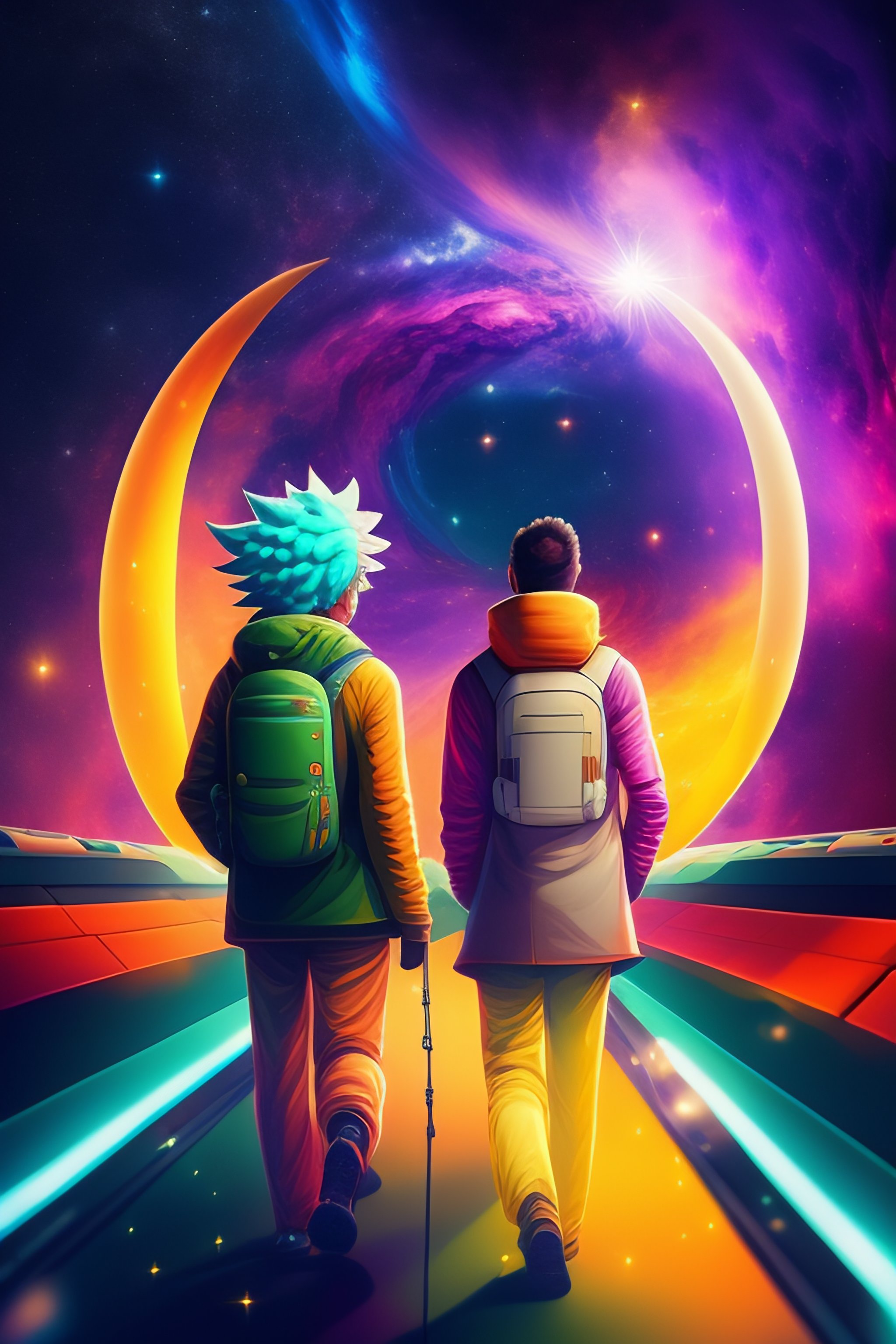 Lexica - 2 cartoon characters walking on a spaceship in deep space