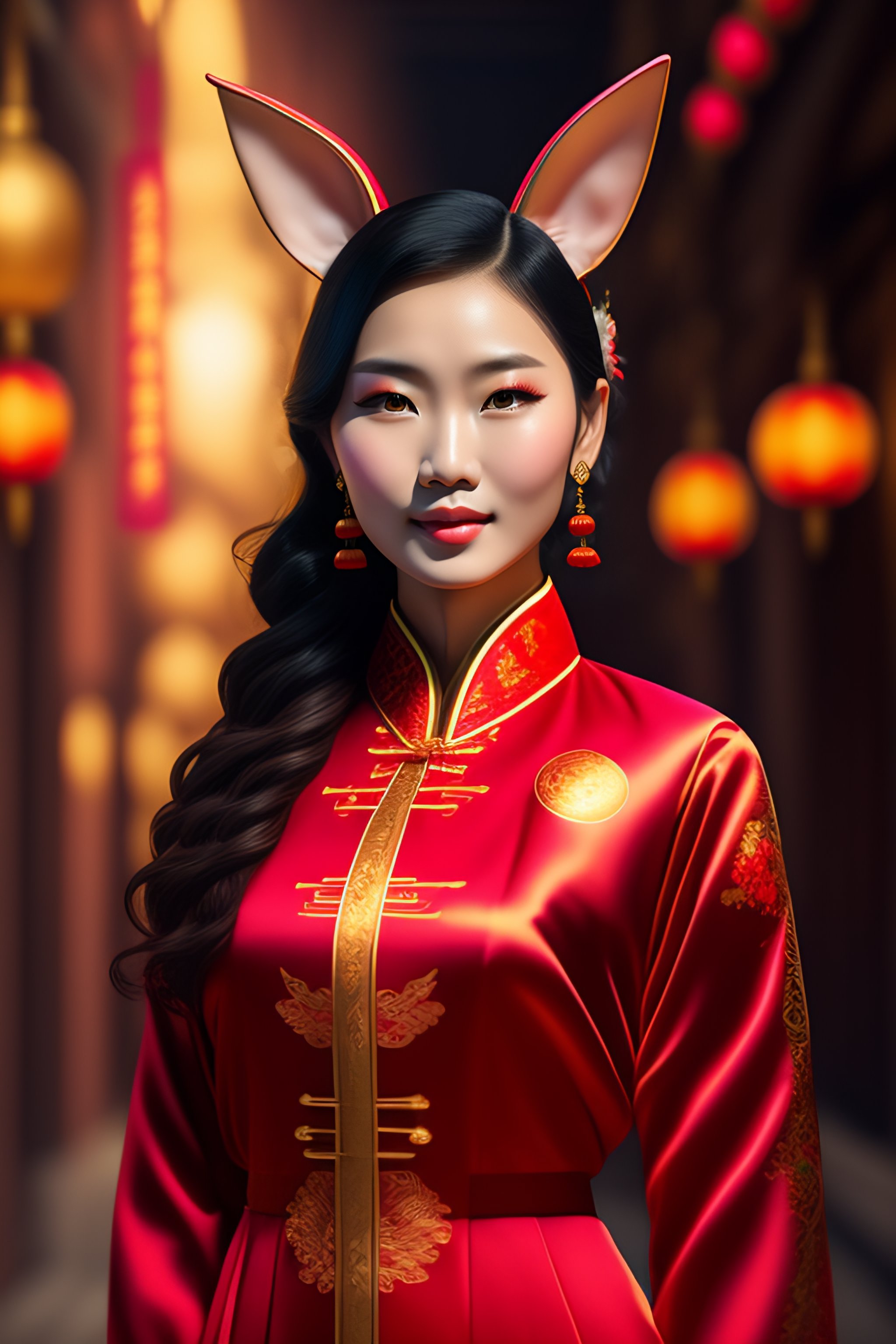 Lexica - Rabbit girl，Wearing Chinese clothes，the logo “新年快乐” at ...