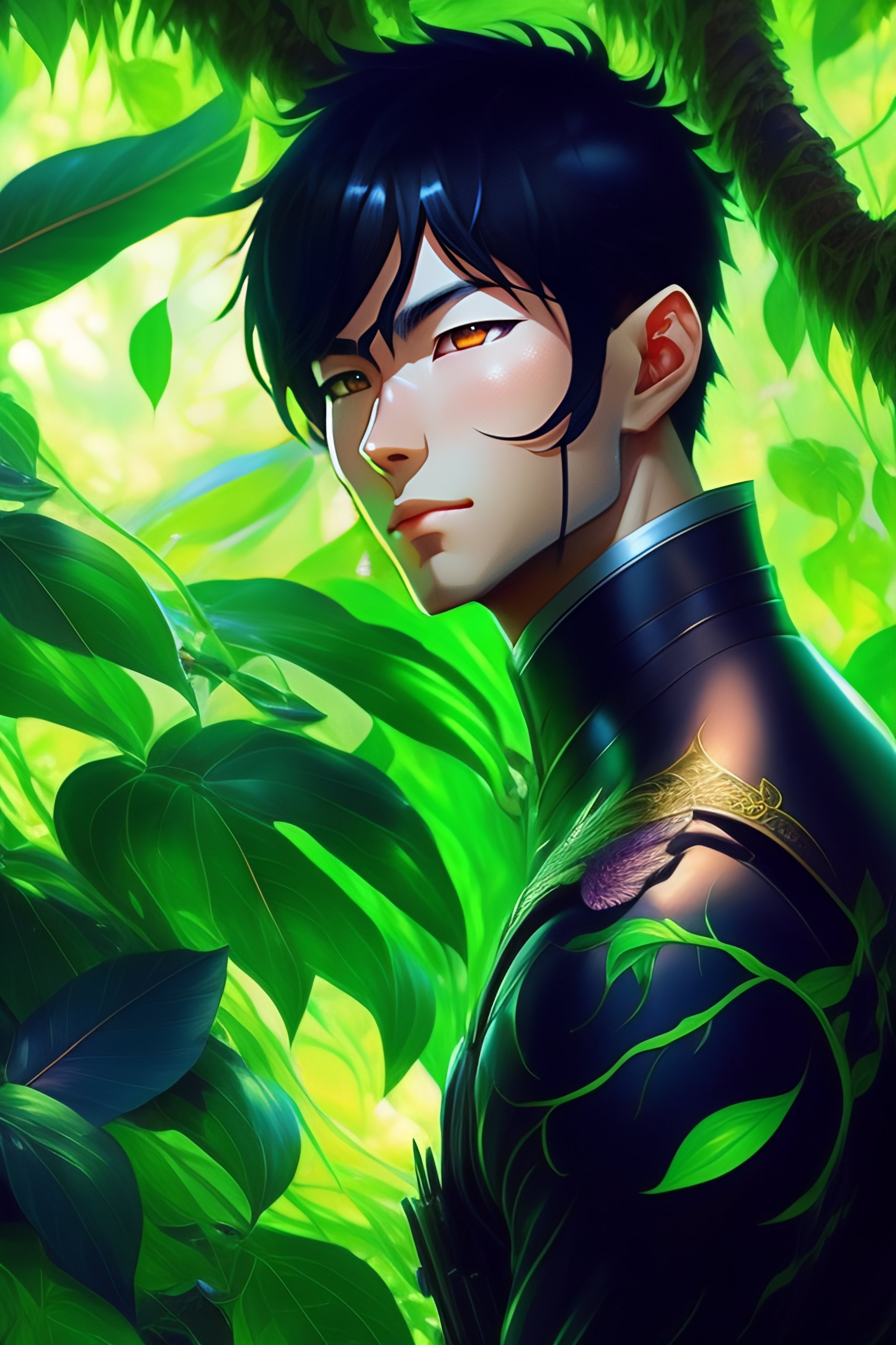 Lexica - Anime key visual of a 30yo developer man, short black hair, dc  comics, covered in vibrant green vines, intricate, magical forest,  stunning, ...