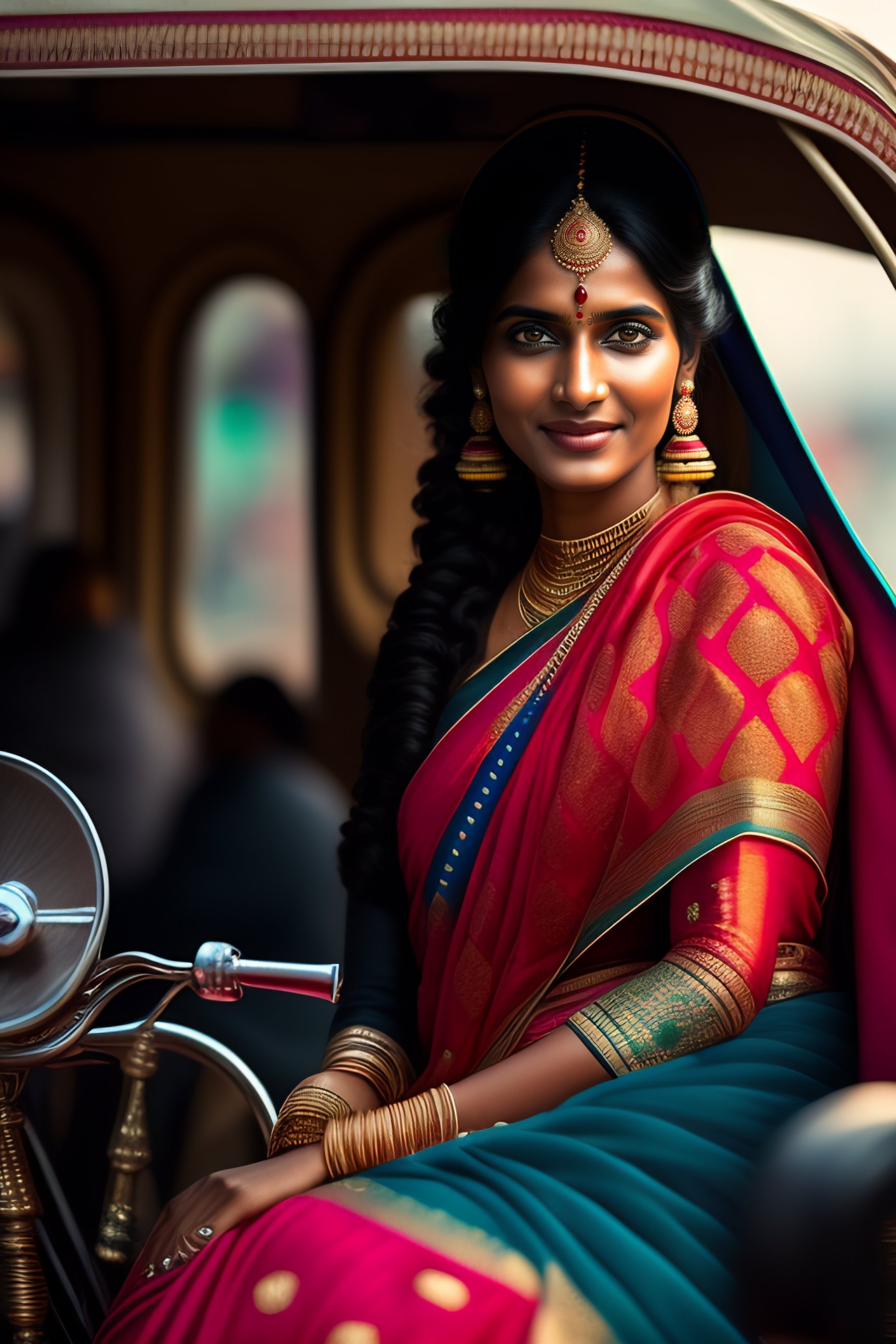 Lexica - Indian girl wearing saree,sitting on rickshaw