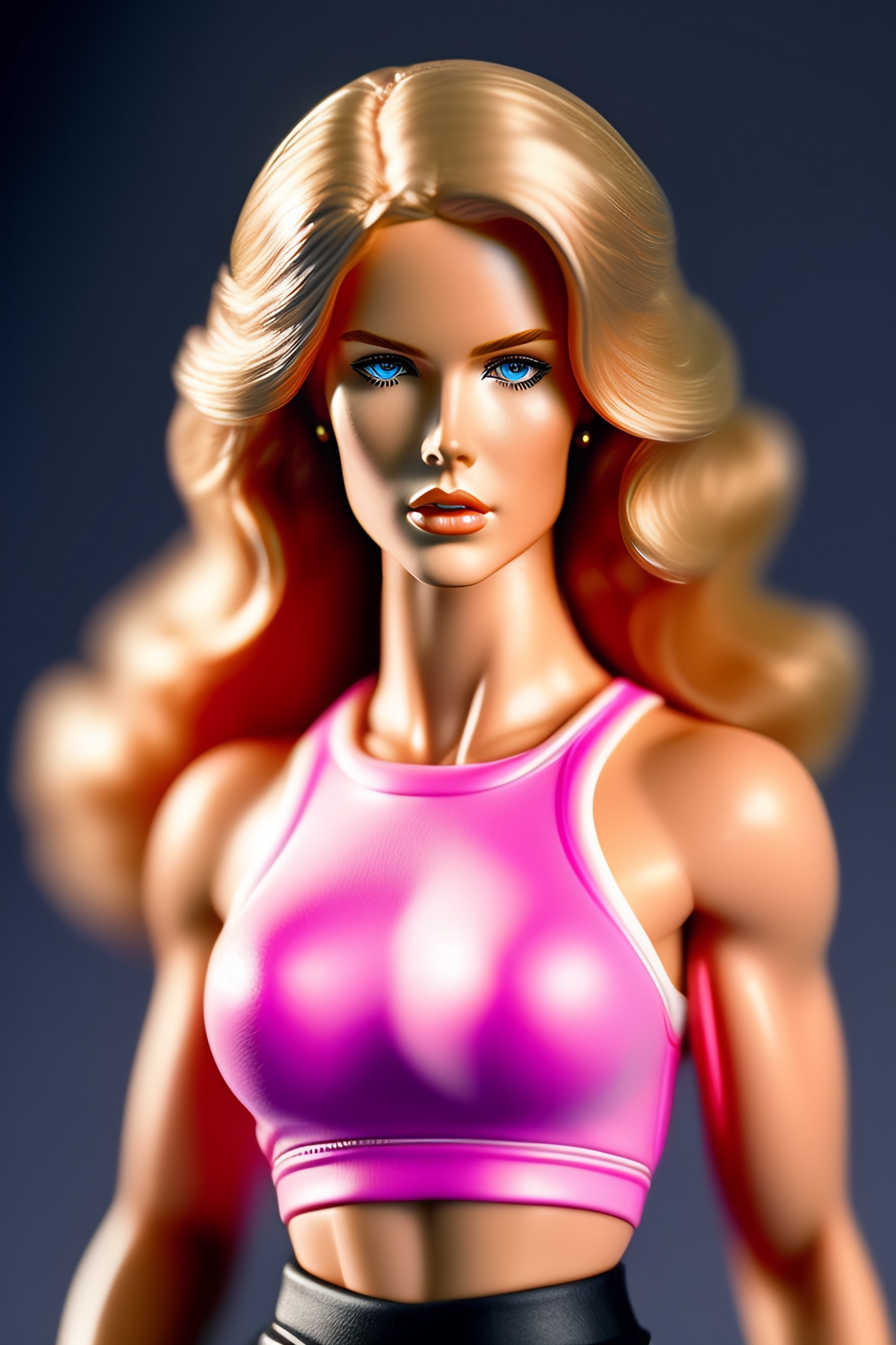 Lexica - Nicole kidman plastic tight barbie doll body, pretty detailed  face, shorts and pink top, tight abs, realism, 1988 product photography,  plain...