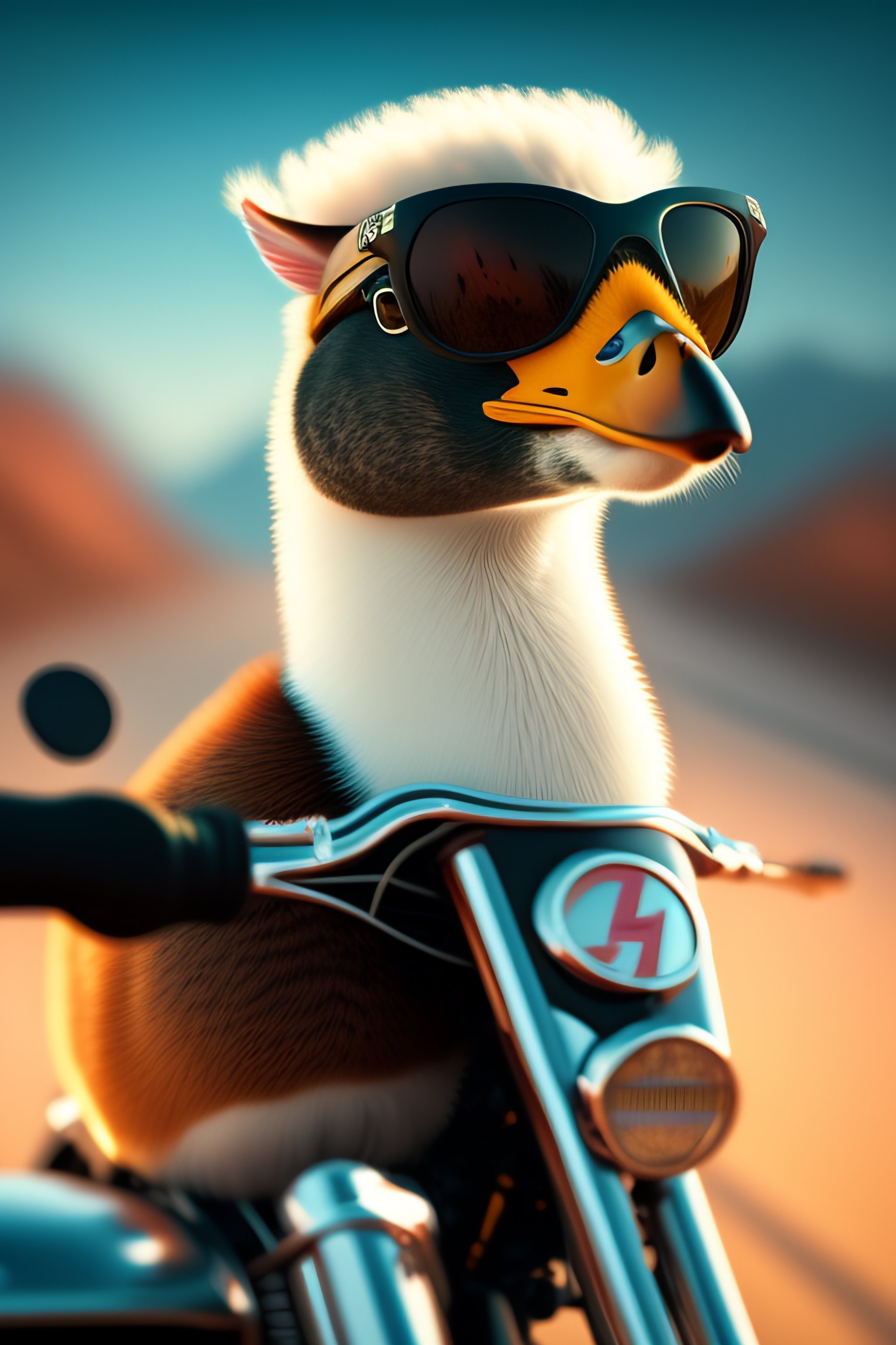 Lexica - Cartoon goose with glasses on a motorcycle, 8k