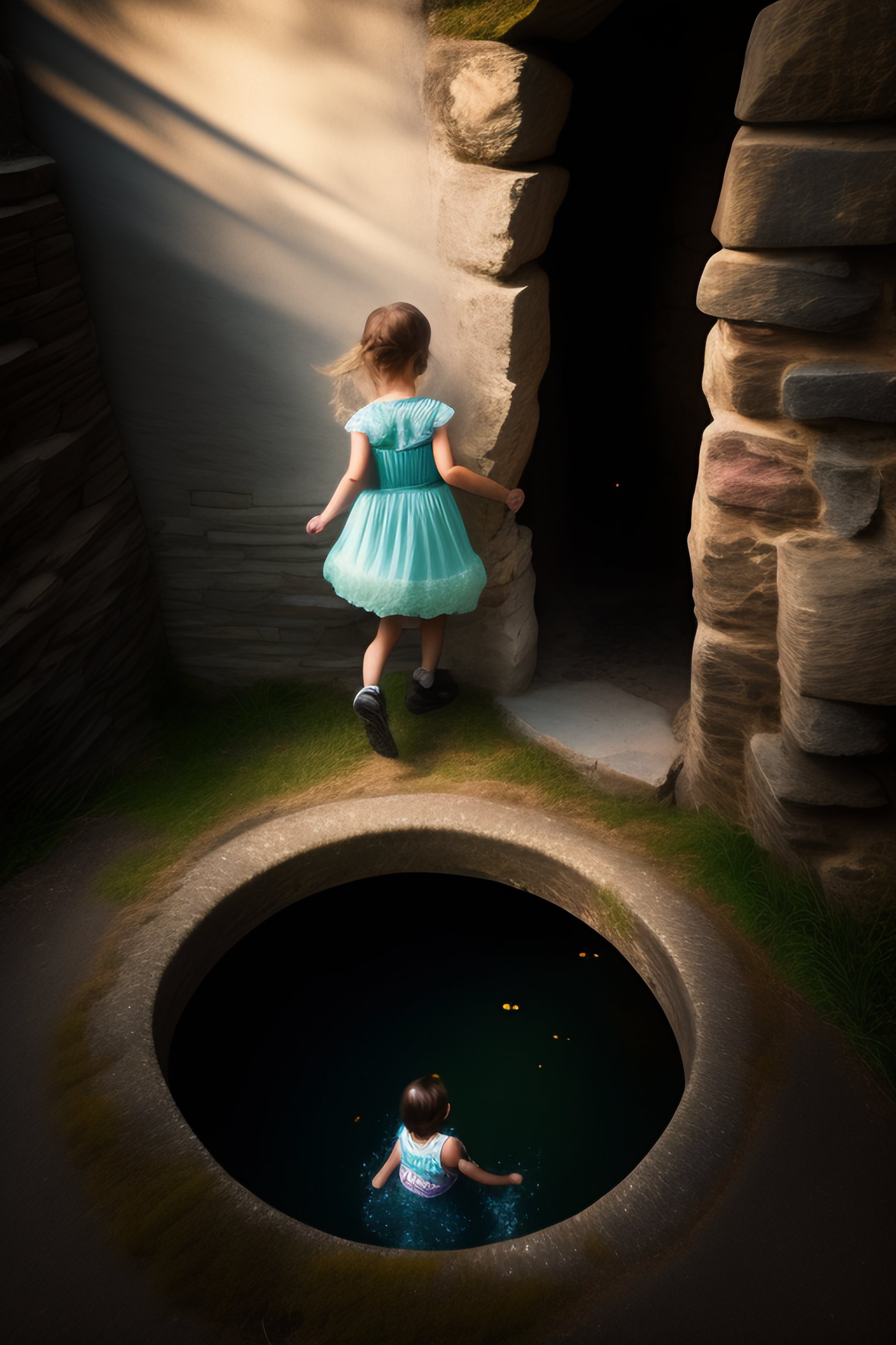 Lexica - A ghost girl climbing out of an old stone well, horror