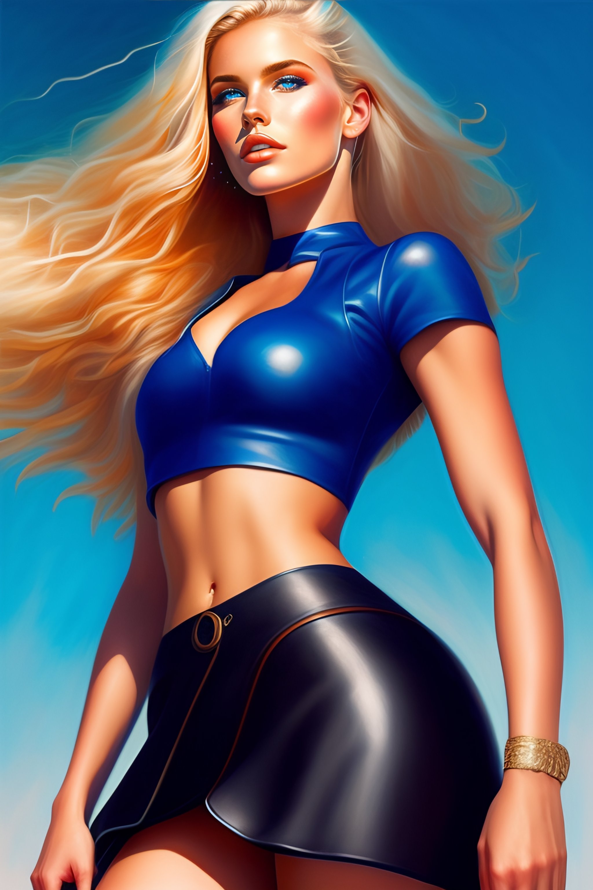 Lexica - German girl wearing crop top and leather skirt, blonde blue eyes,  playful, whimsical, artgerm style