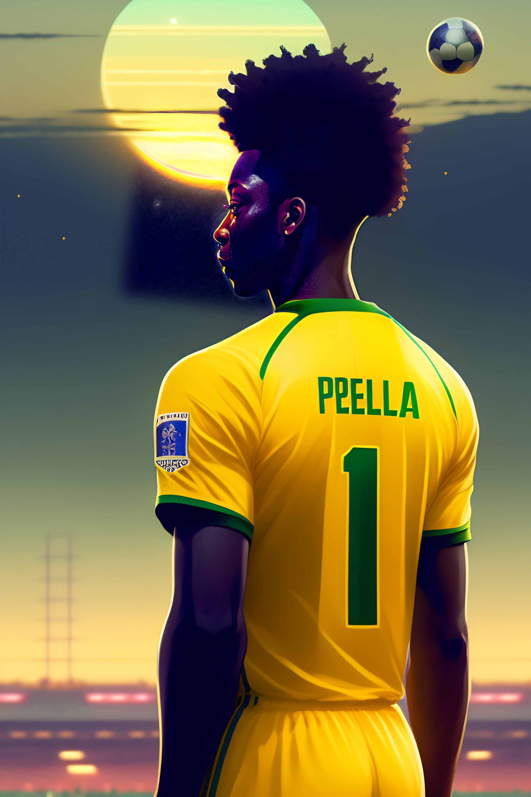 Lexica - Back of Footballer Pele wearing yellow brazil team jersey playing  on a football with one foot, backdrop of dawn, saturn in the background,  i