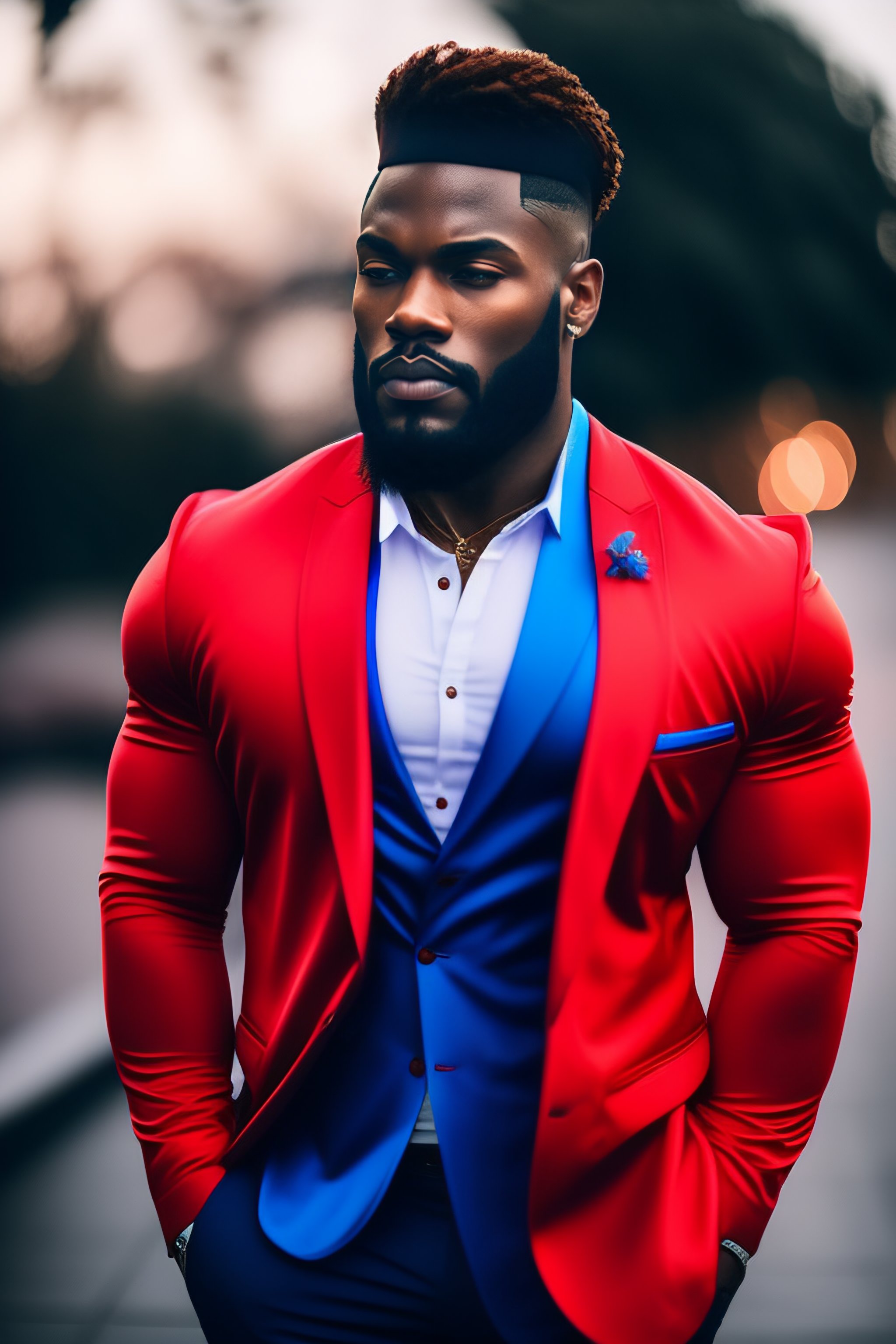 Lexica Man wearing a red suit jacket with a blue shirt