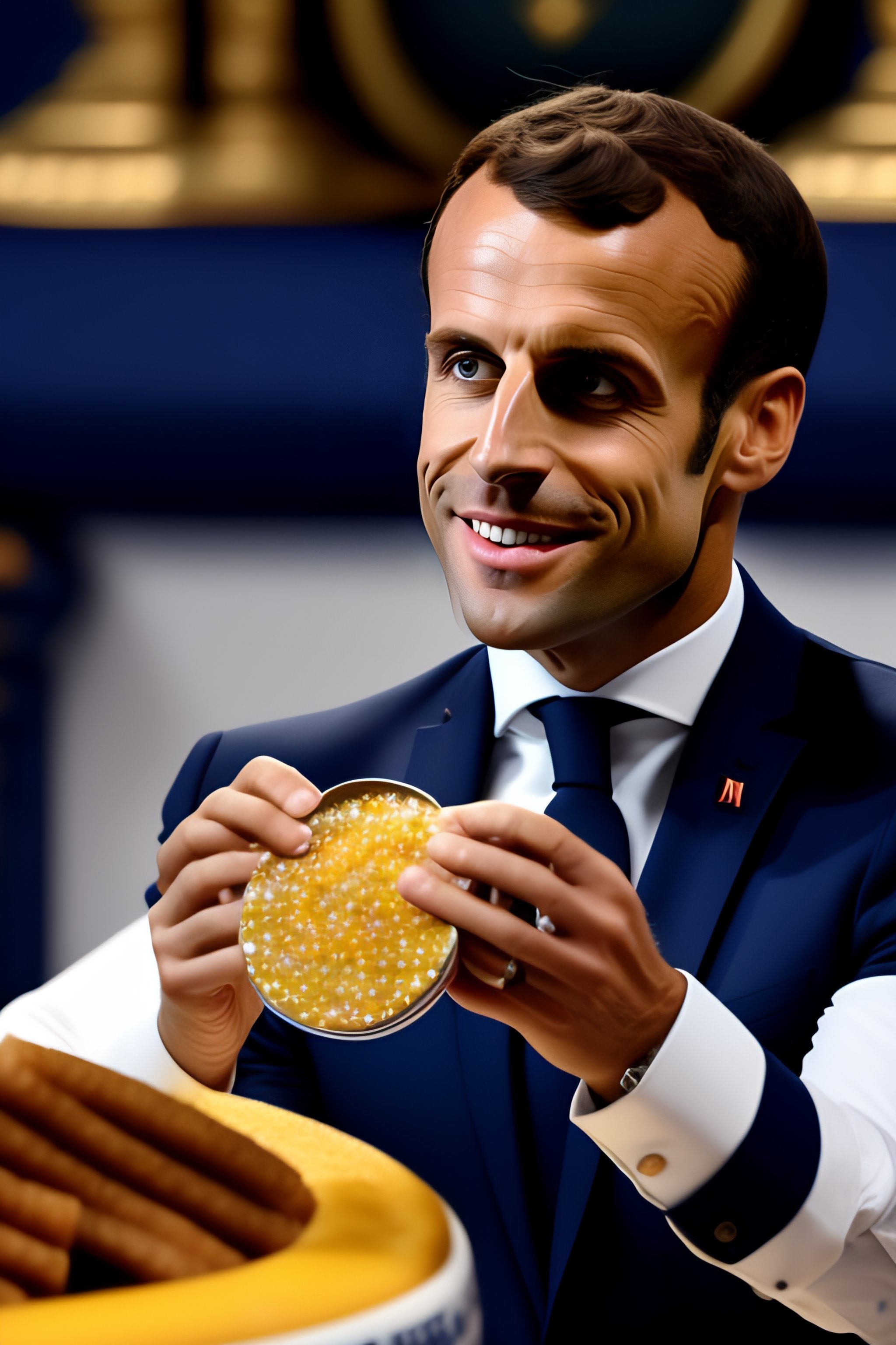 Lexica Emmanuel Macron eating some canned sardine in oil