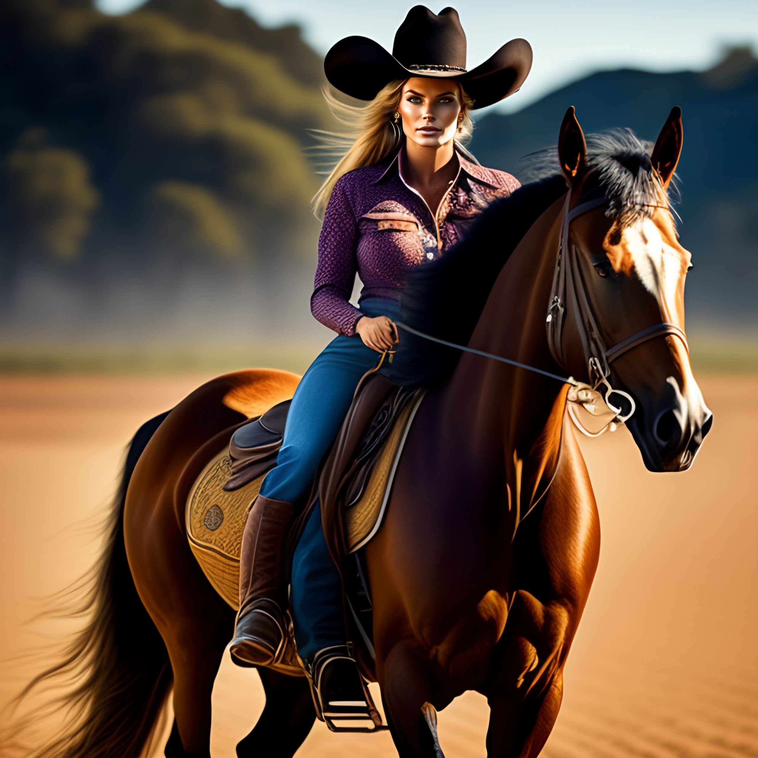 Lexica - Cowgirl with a jeans and a biminitop on a mustang horse while ...