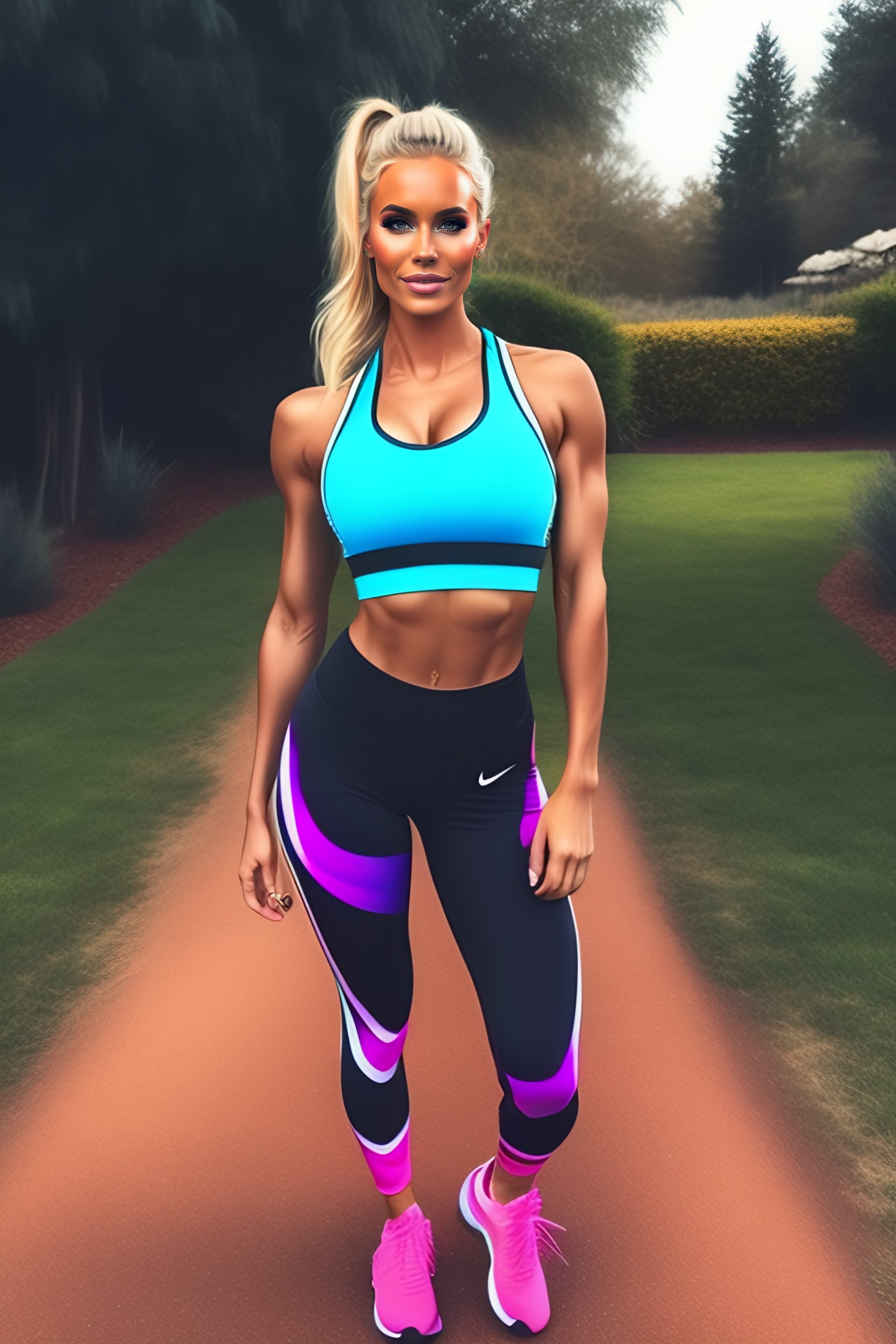 Pretty blonde girl with ponytail is training in sports clothes on