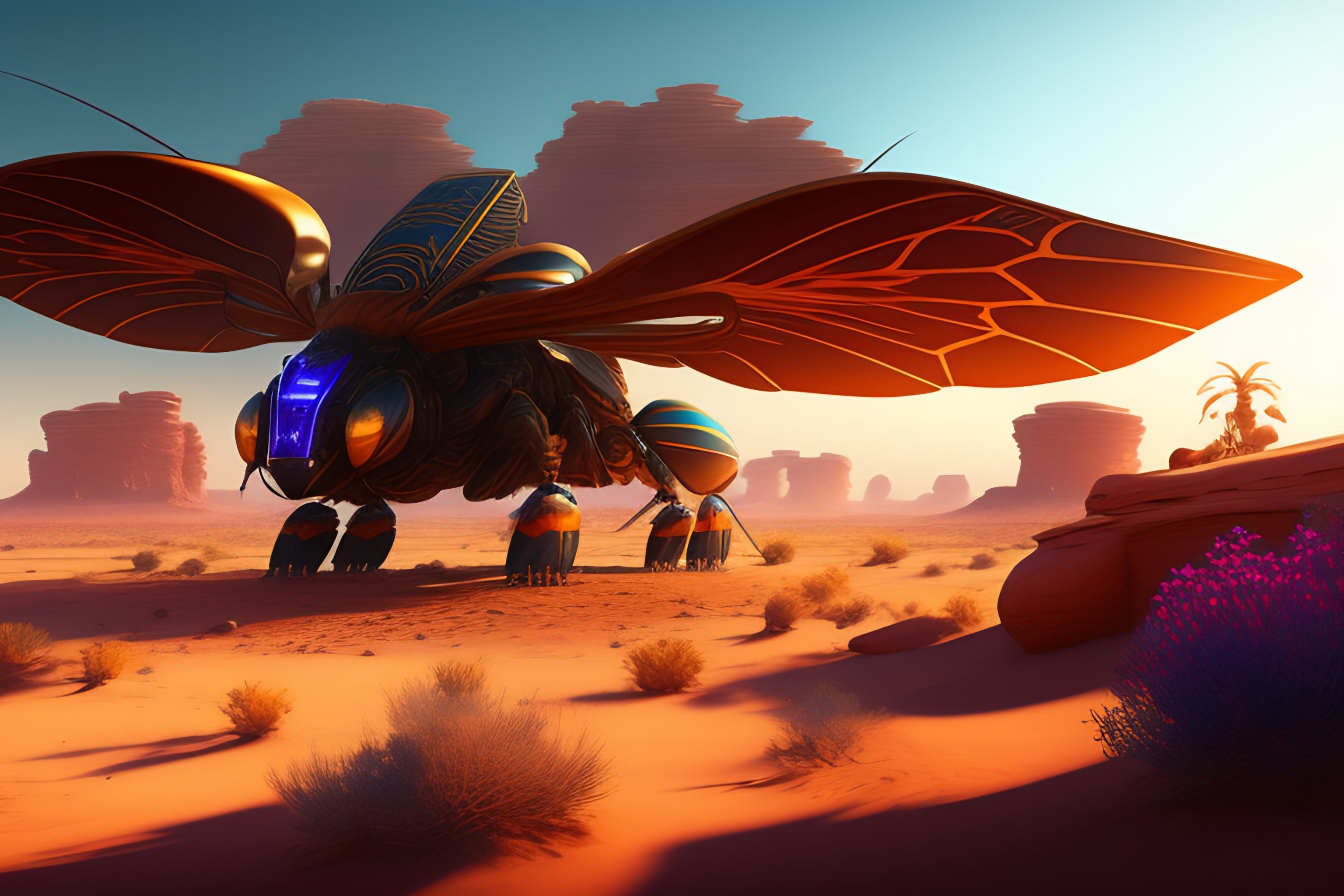 Lexica - Giant pharaonic insect in desert, greeneries and colorful ...