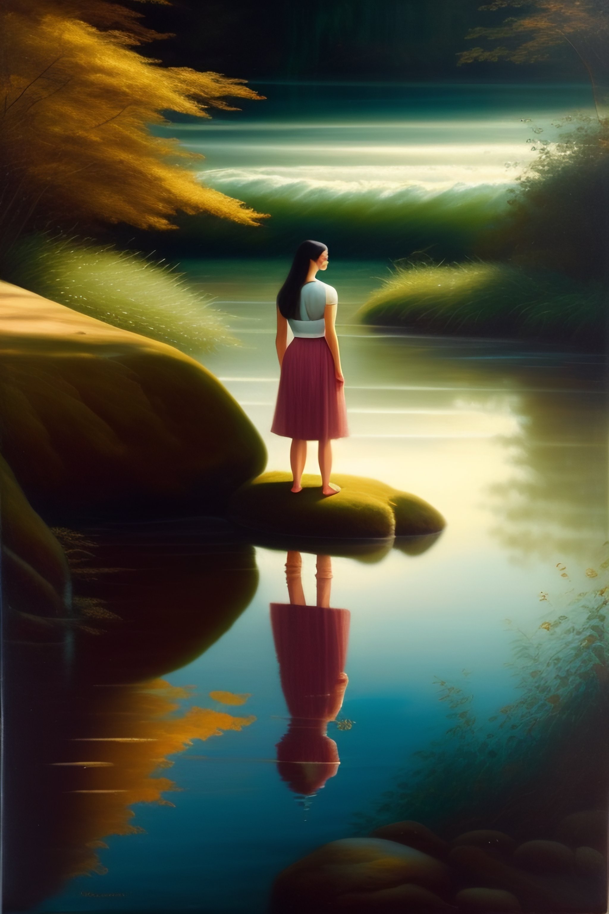 Lexica - A young woman facing the spectator, with her feet in the water ...
