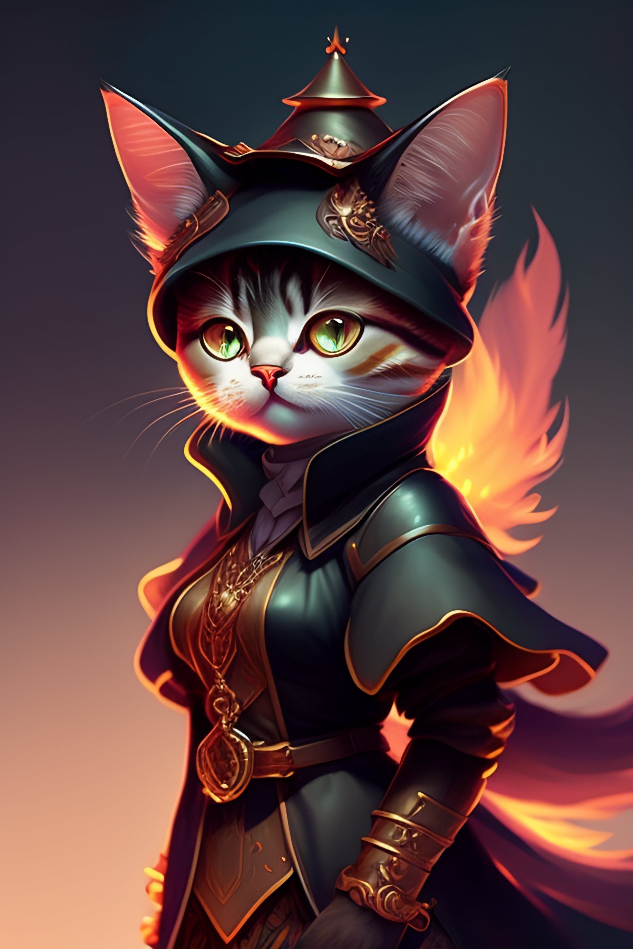 Lexica - Closeup of a cute cat witch with staff cloack and pack, D&D ...