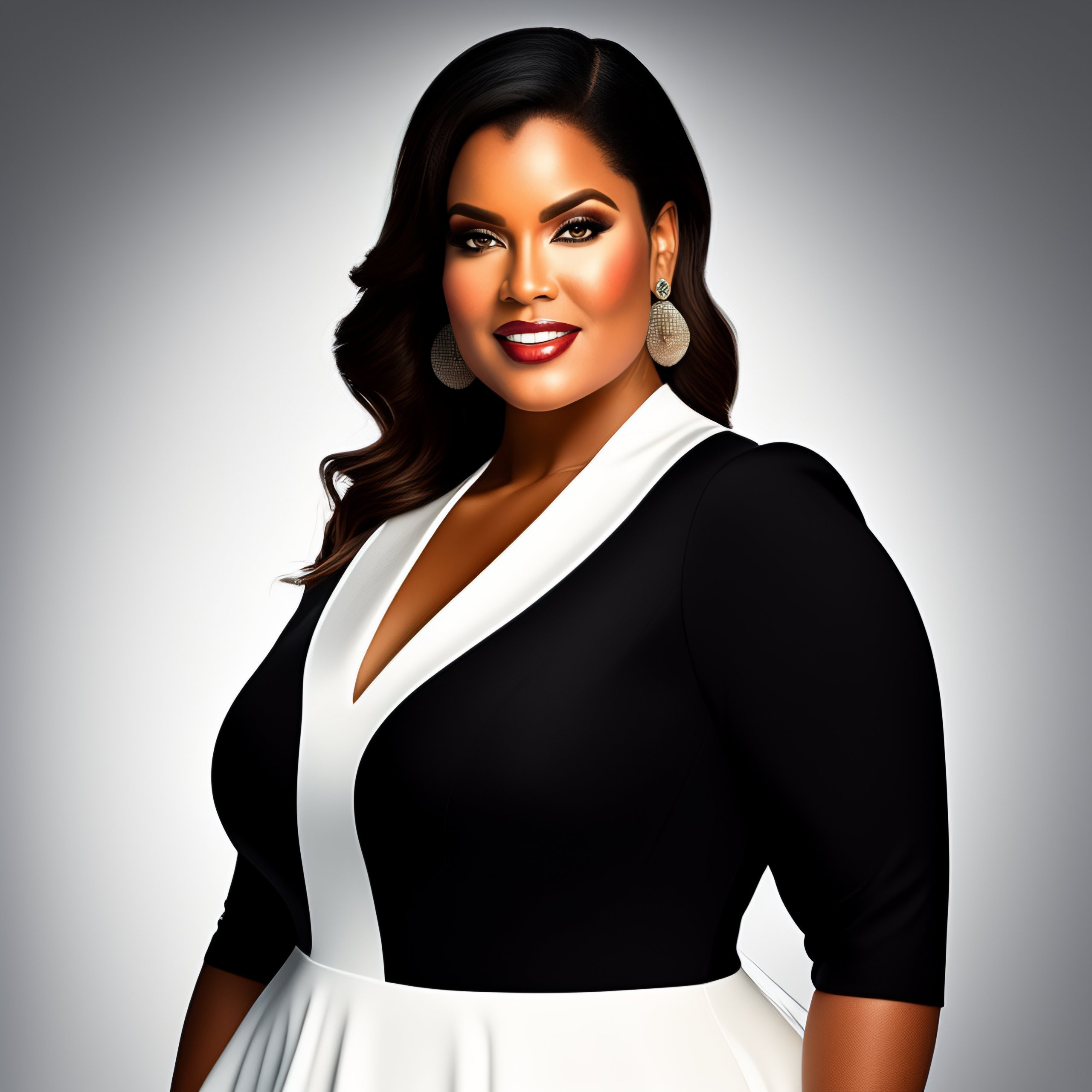 Lexica Plus size older female wearing black and white dress