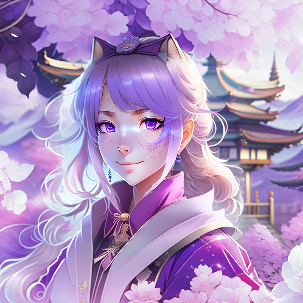 Lexica - A happy beautiful white-haired anime wolf girl wearing purple  kimono, wavy hair, anime, beautiful face, portrait, soft lighting, blur,  flare...