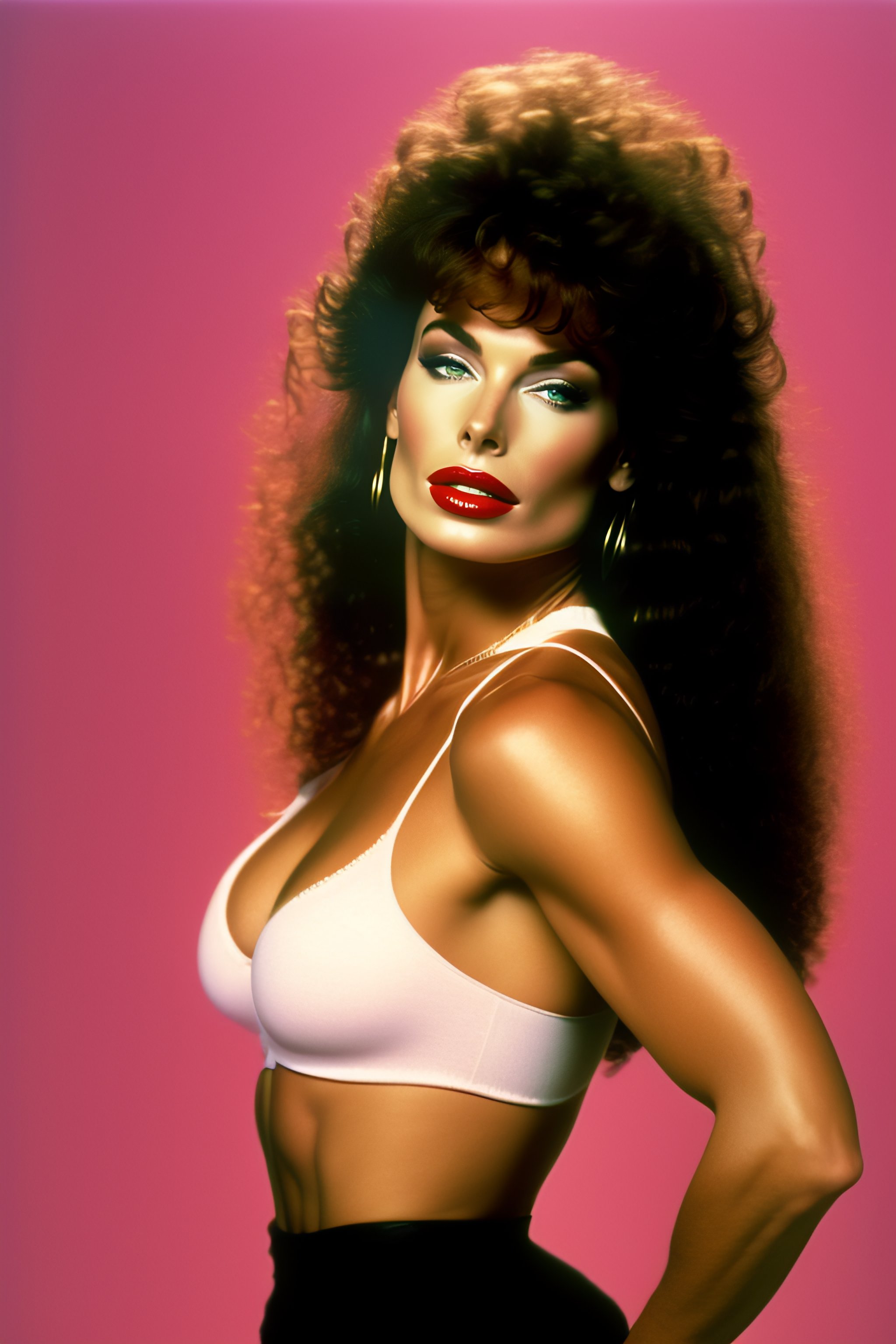 Lexica - Kelly lebrock, 1980 catalog, athletic body,pretty face big lips,  mom jeans, straight thick hair, studio shoot plain background