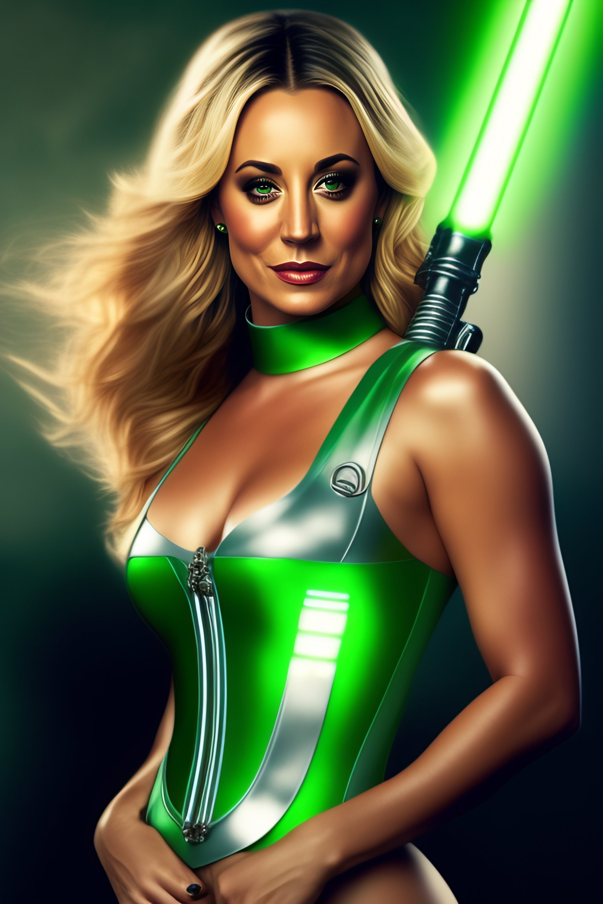 Lexica - Kaley Cuoco as spacechick wearing a corset and stockings holding a  green lightsaber