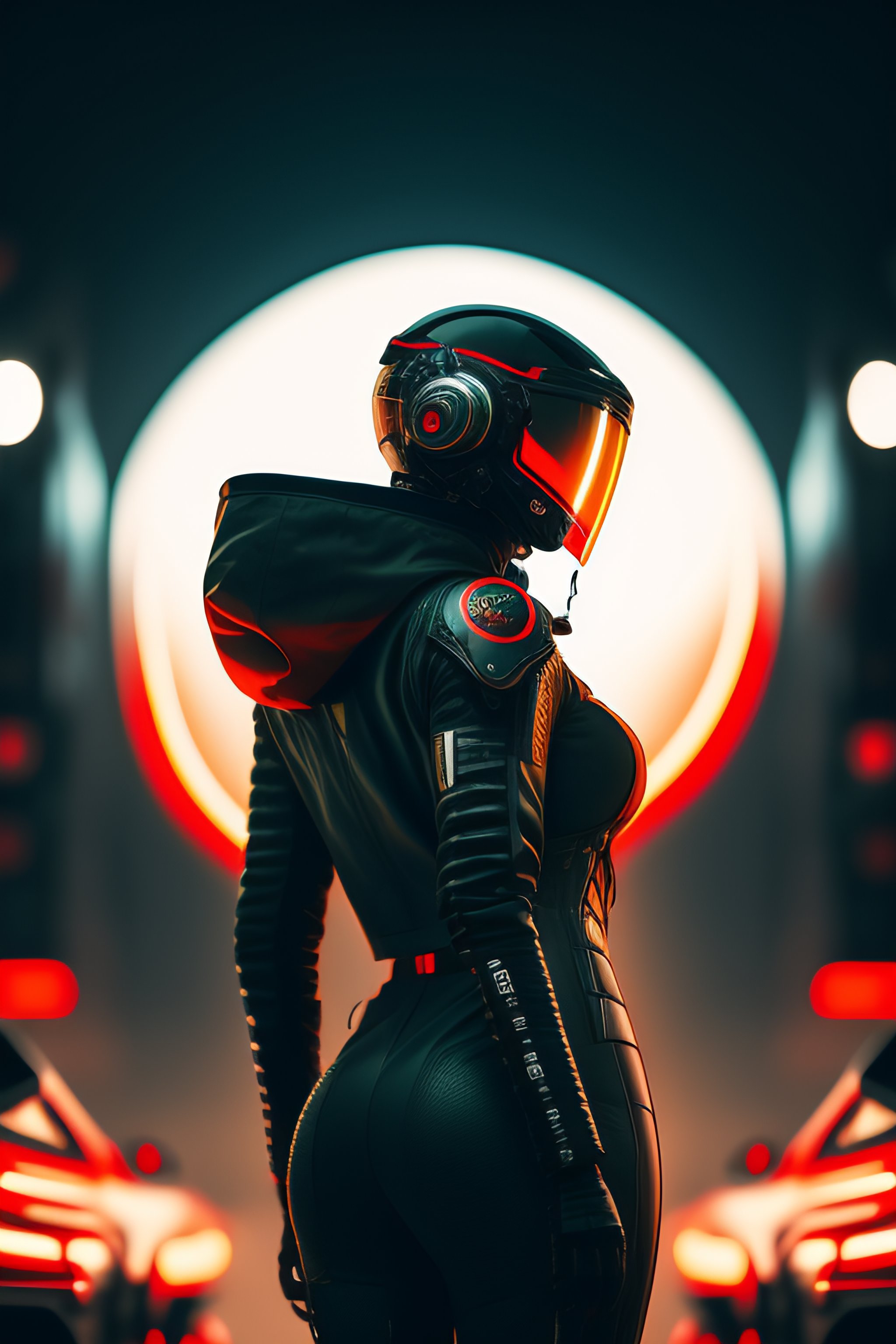 Lexica - Humanoid, cyborg next to a race car with arms crossed, cyber ...