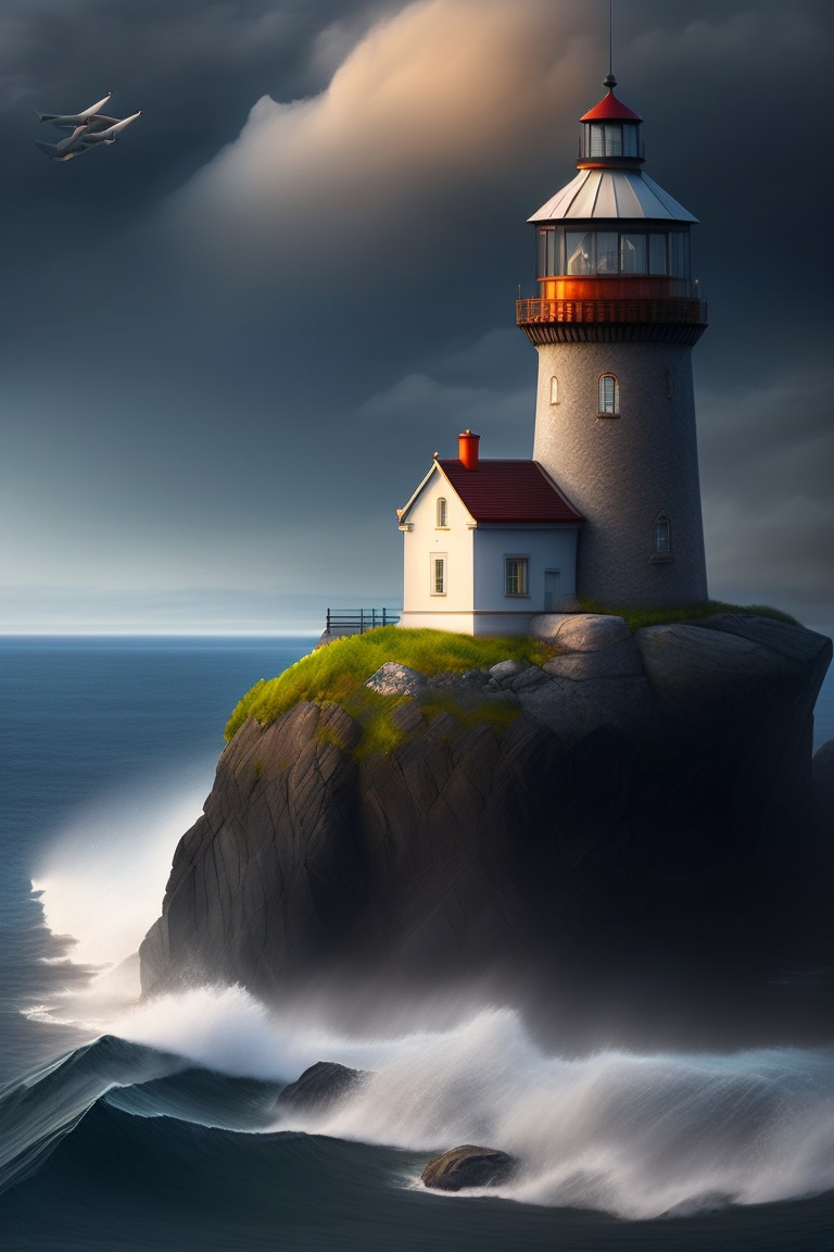 Lexica - Gray stone lighthouse, not far from it is an island with a city