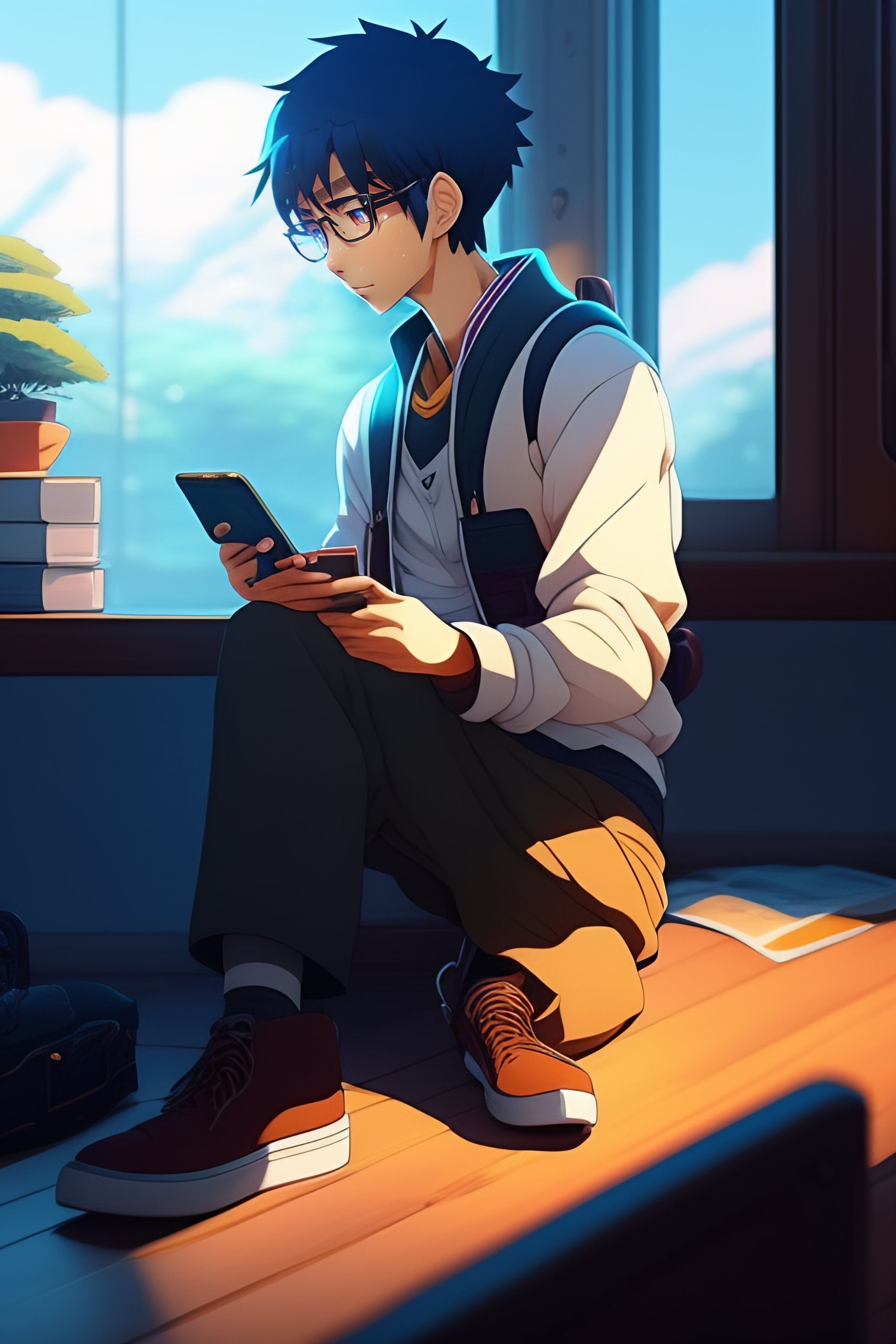 Lexica - A nerdy anime boy is using the phone scrolling in instagram in a  room full of gadgets, by makoto shinkai and ghibli studio, dramatic  lightin