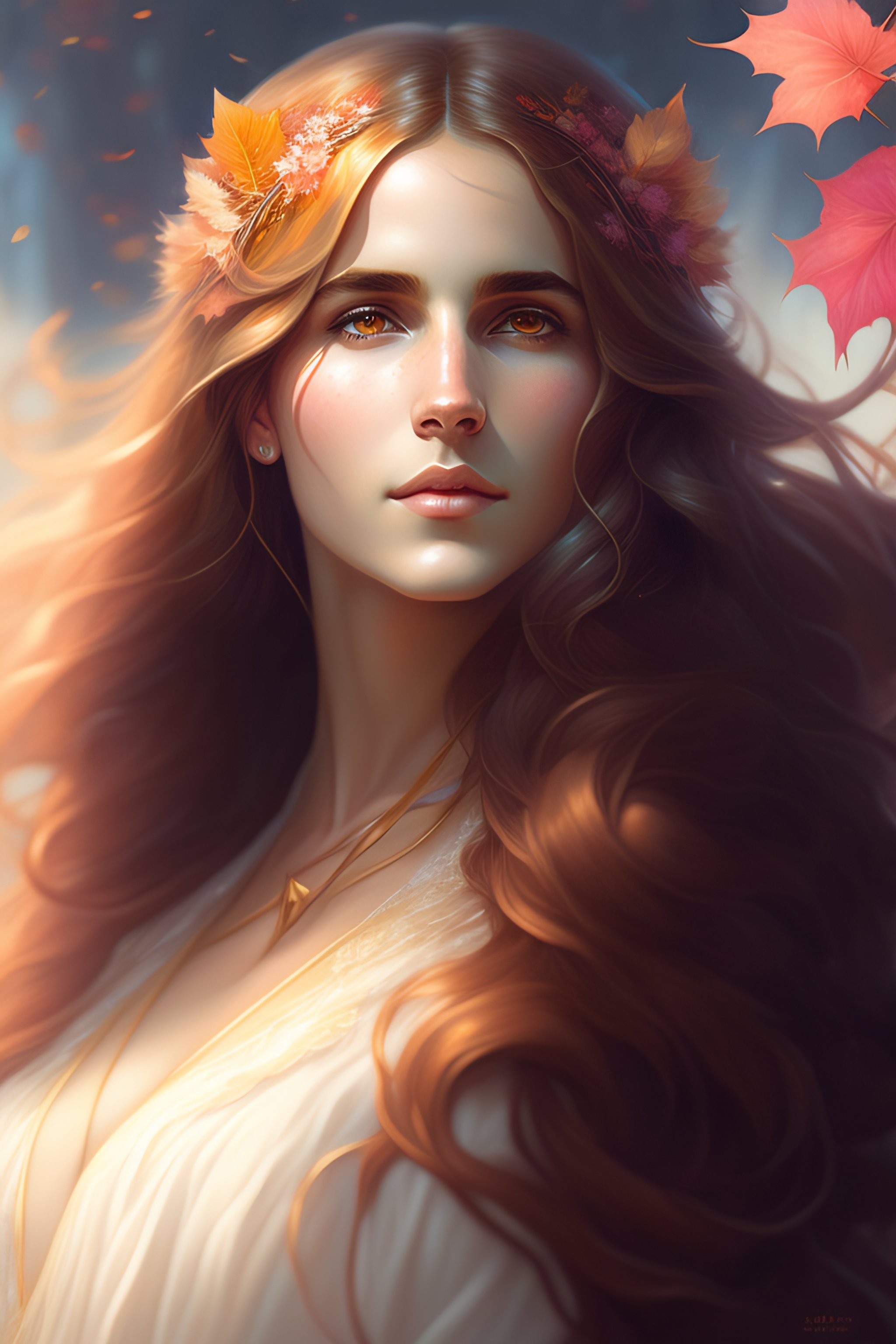 Lexica - Girl with super long hair, hair becoming autumn red leaves,  digital painting, detailed eyes, art by artgerm and greg rutkowski and  alphonse ...