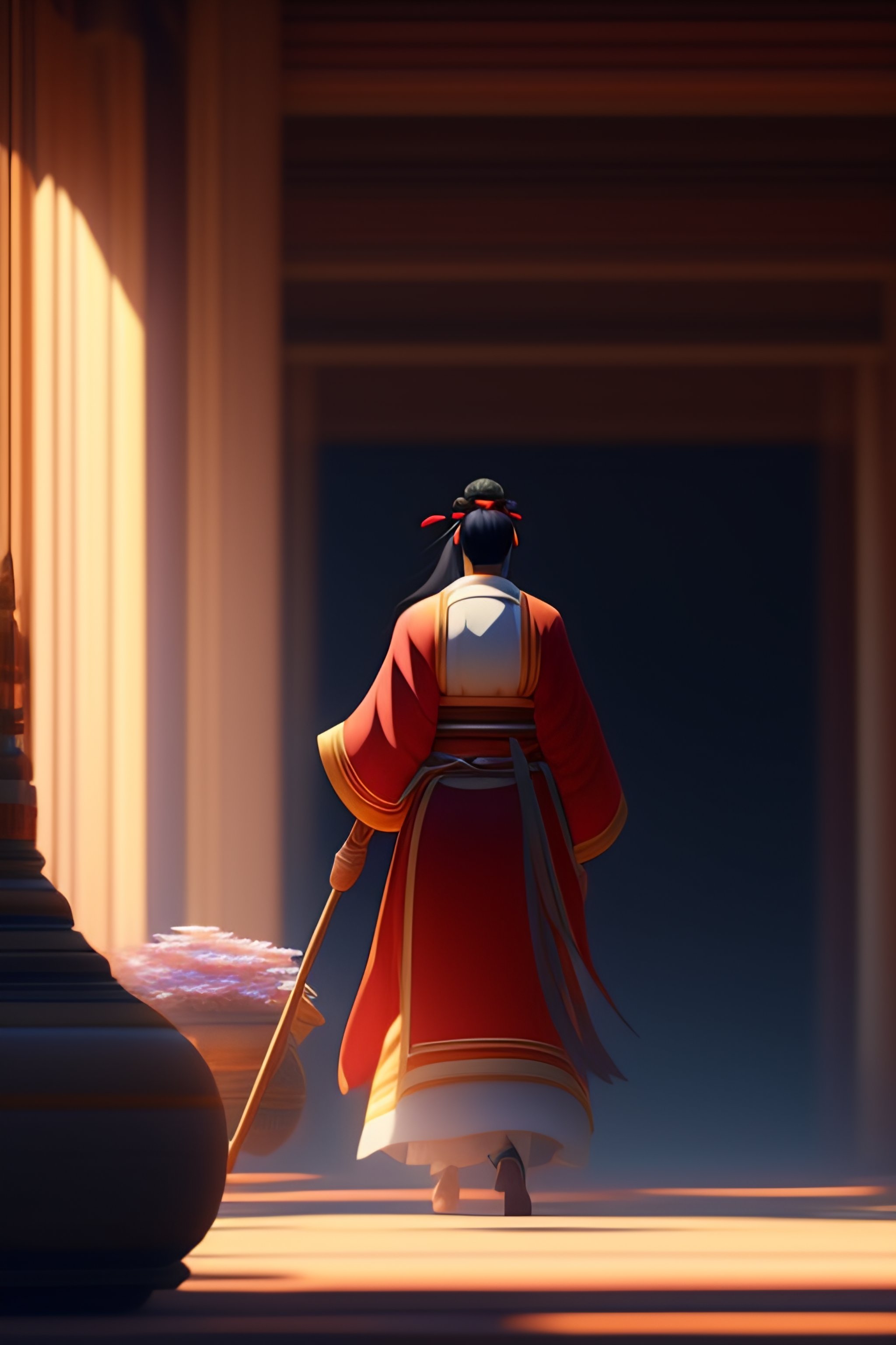 Lexica - A wholesome animation key shot of a shinto priestess sweeping ...
