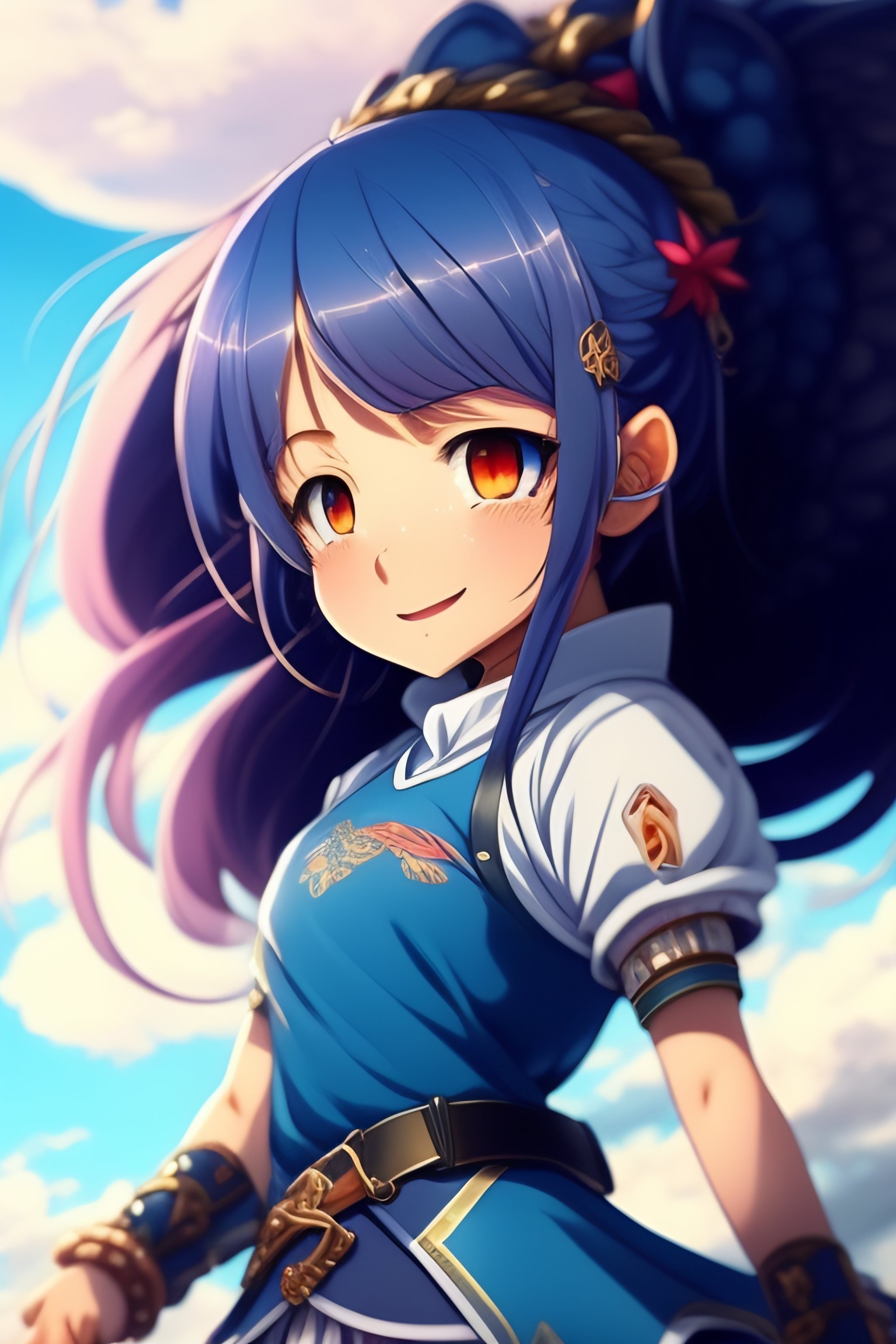 Lexica - Young anime girl, belly, short skirt, cute smile, blue hair with  braids, sporty girl, carrying a sword, riding on a dragon, wind is  blowing,...