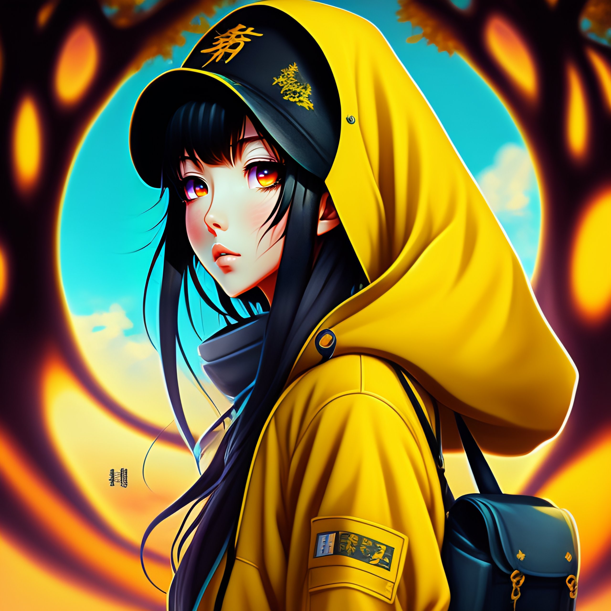 Lexica - Phonk Album, big tree, horror fantasy, anime style, horror word,  beautiful anime girl with yellow coat and blue eyes