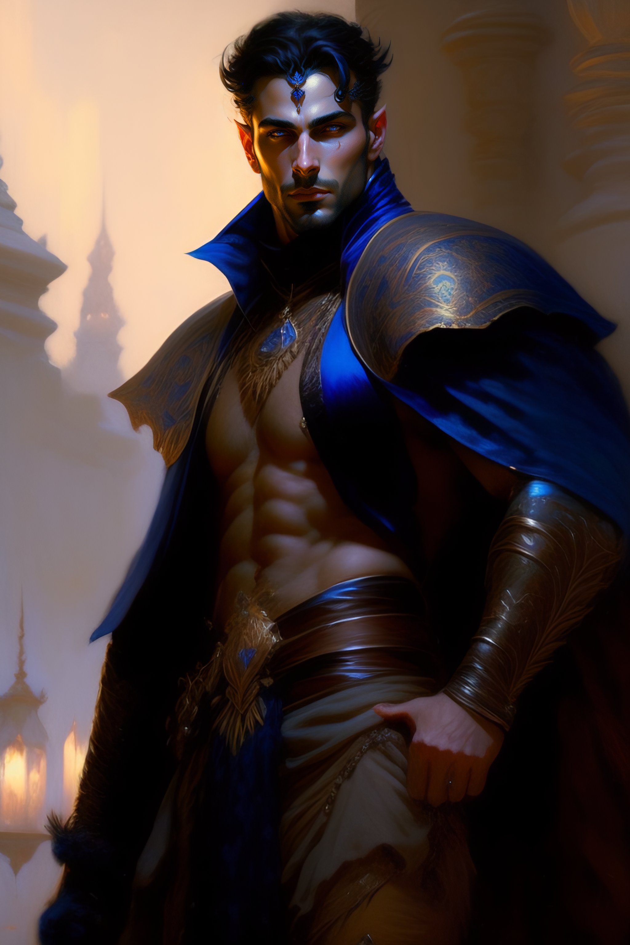 Lexica - Handsome dark blue tiefling guy with horns and dark hair and ...