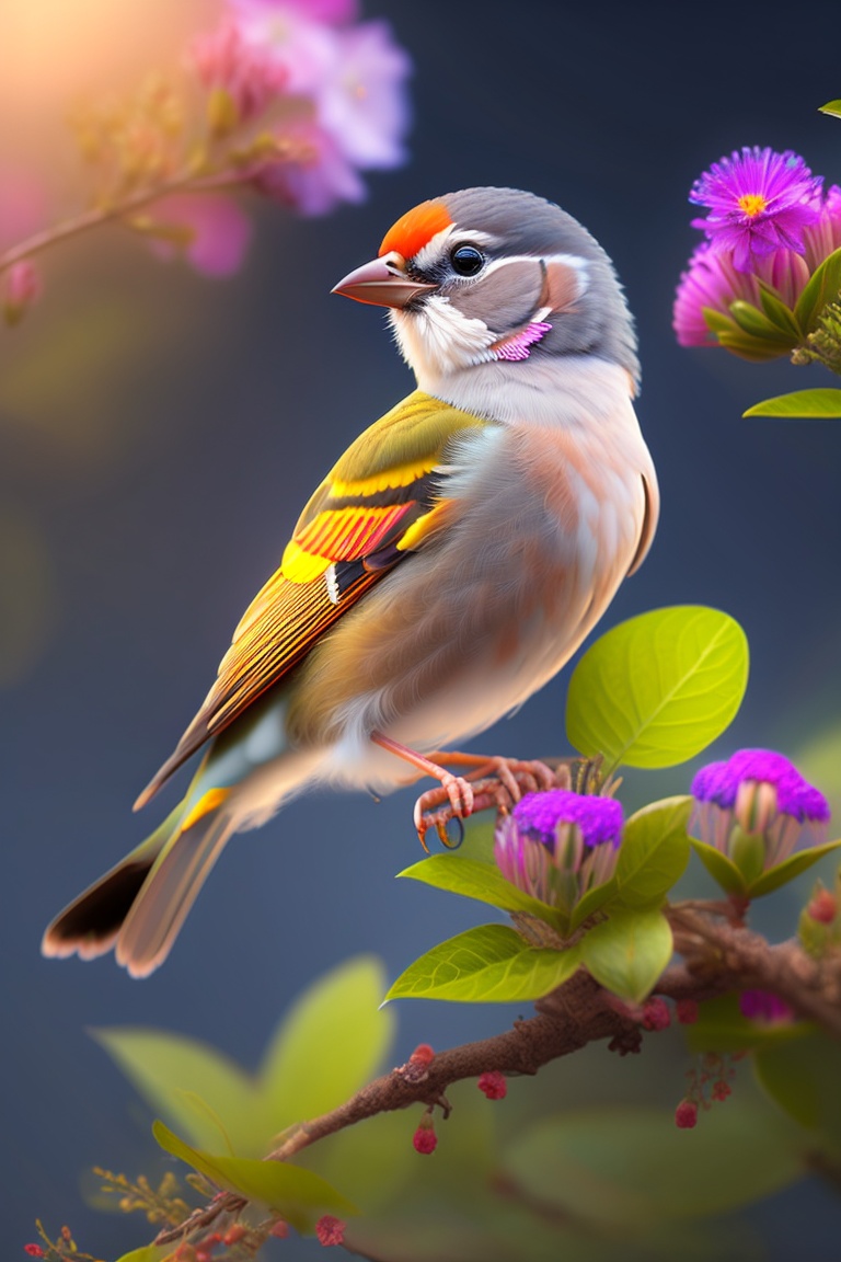 Lexica - A tiny finch on a branch with spring flowers on background:1.0 ...