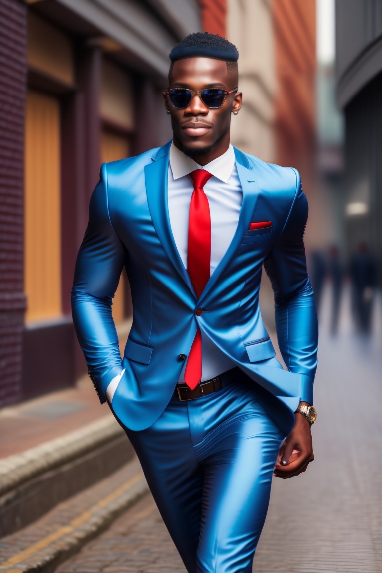 Lexica African business man with blue suit red tie he run in the street of a city