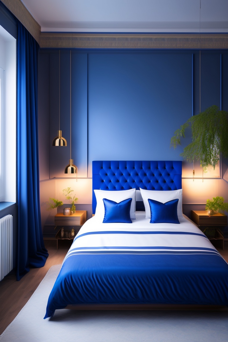Lexica - An editorial photograph of a cozy Scandinavian bedroom interior design, royal blue ...